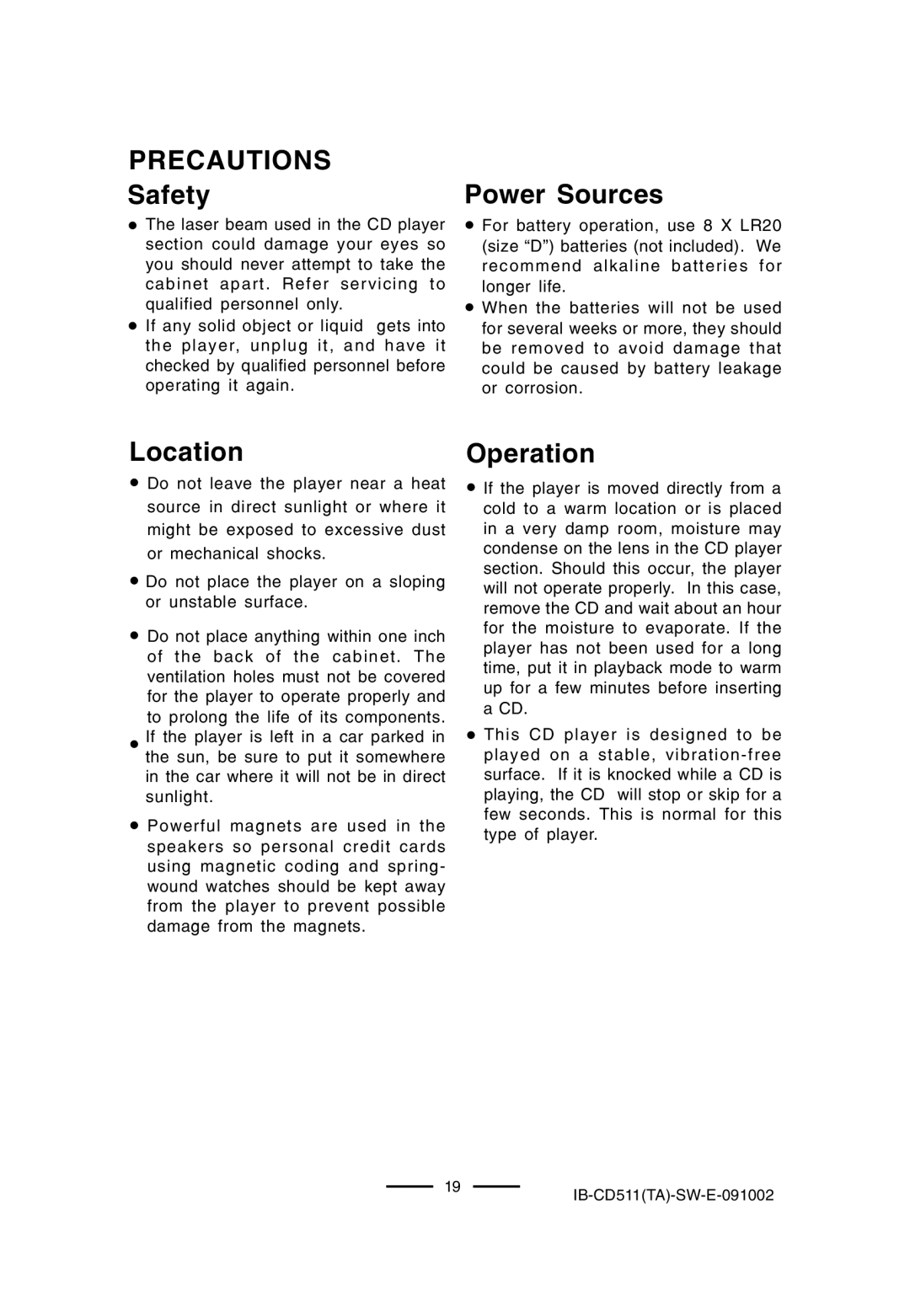 Lenoxx Electronics CD-511 manual Precautions, Safety, Power Sources, Location, Operation 