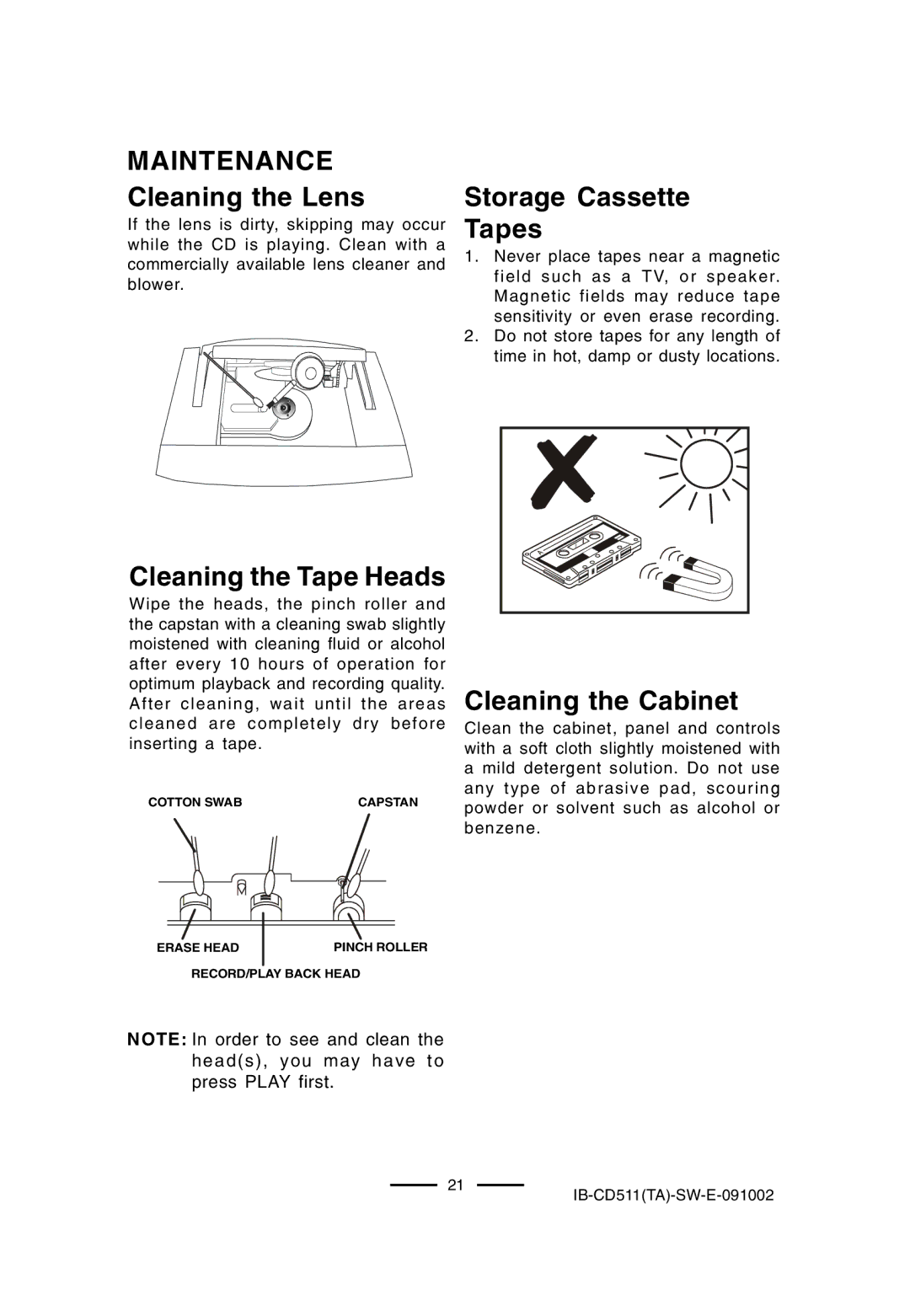 Lenoxx Electronics CD-511 manual Maintenance, Cleaning the Lens, Cleaning the Tape Heads, Storage Cassette Tapes 