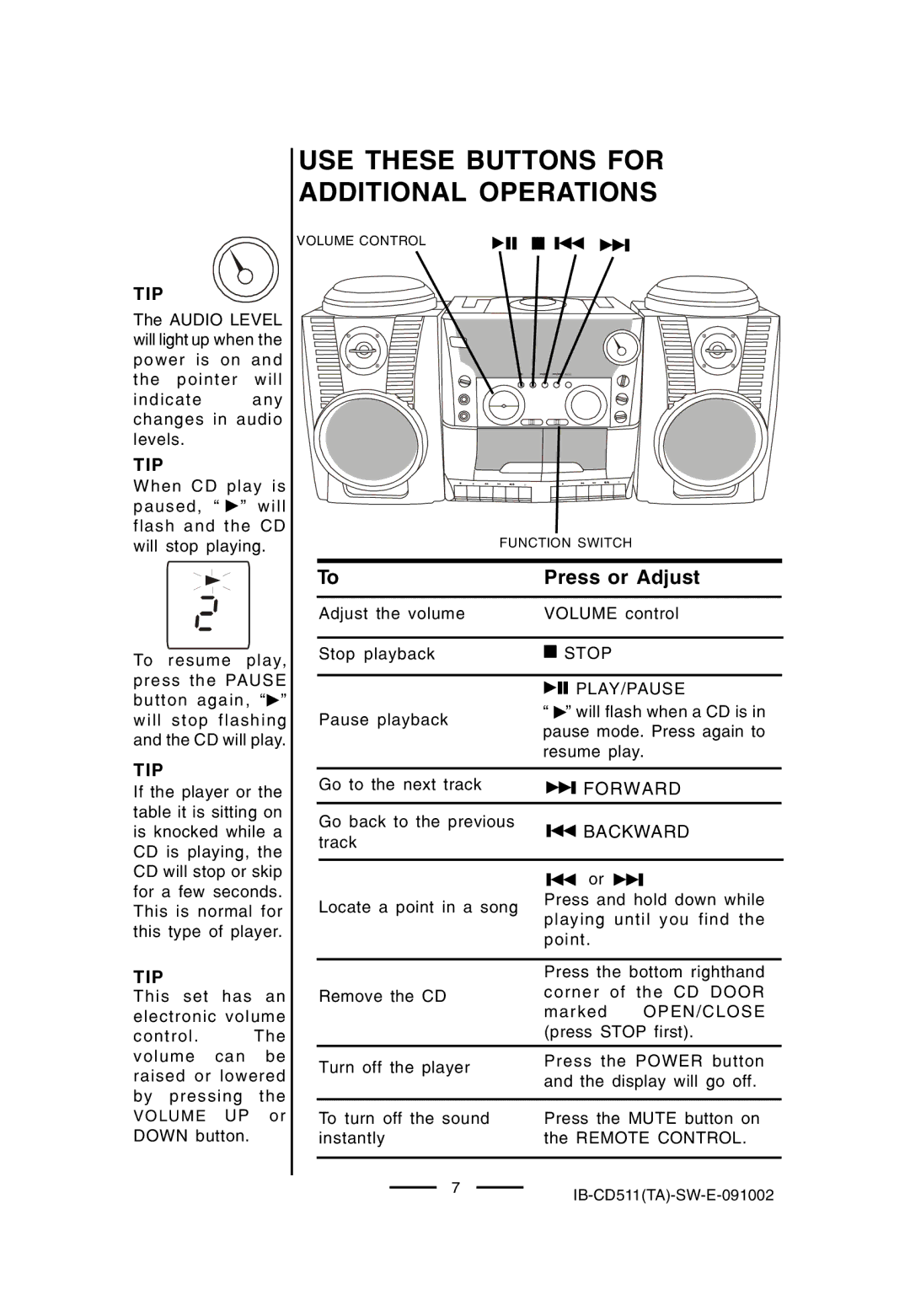 Lenoxx Electronics CD-511 manual USE These Buttons for Additional Operations, Tip, Forward, Backward 