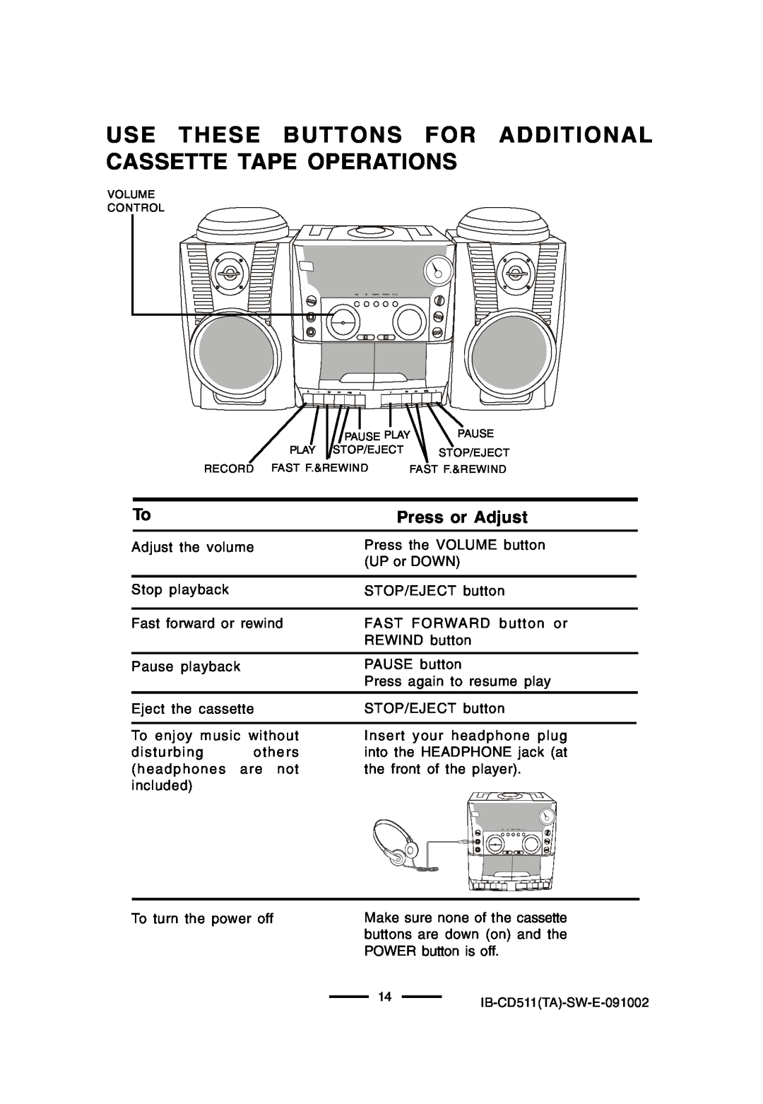 Lenoxx Electronics CD-511 manual Press or Adjust, Adjust the volume 
