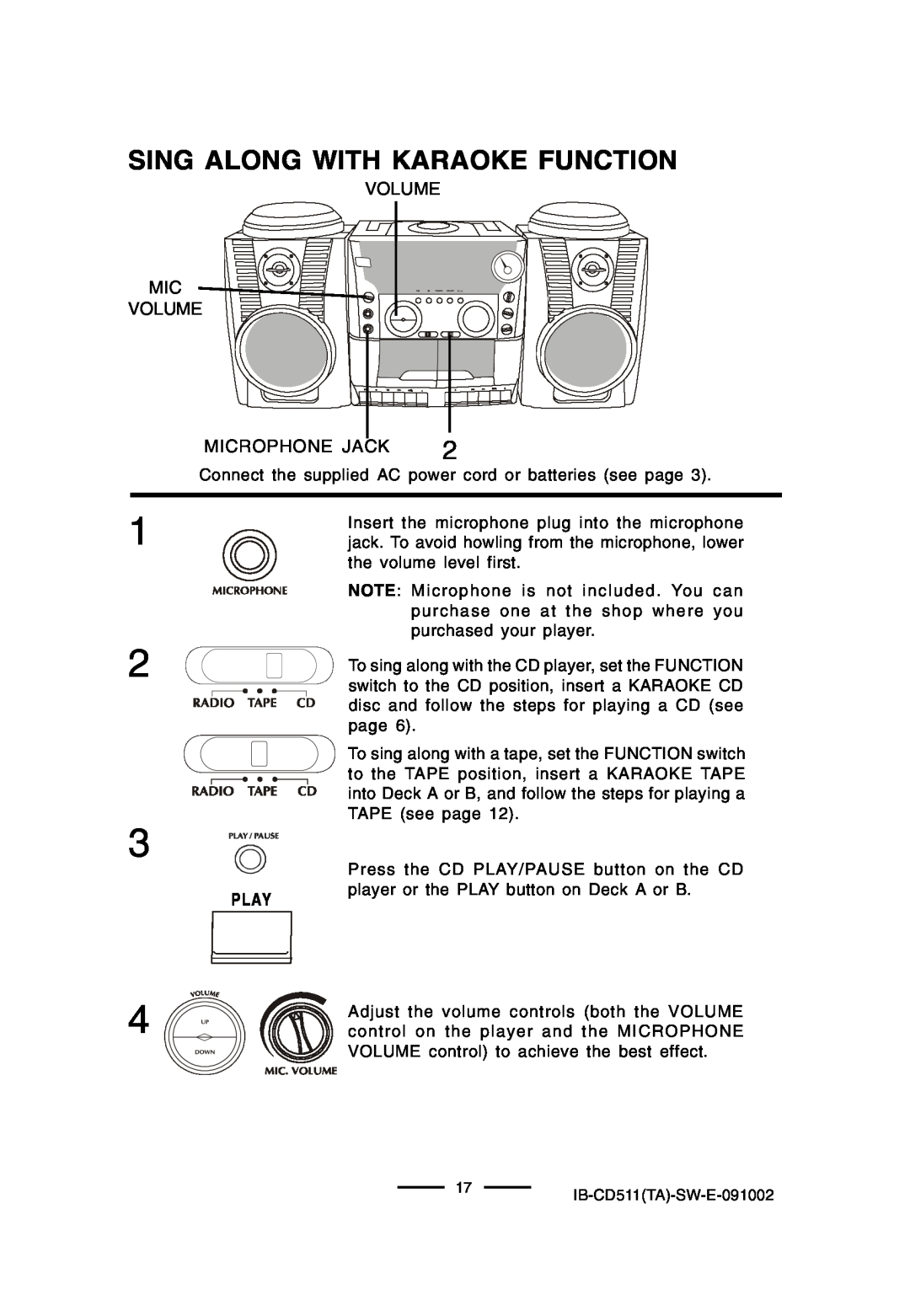 Lenoxx Electronics CD-511 manual Sing Along With Karaoke Function, Mic Volume, Microphone Jack, Play 