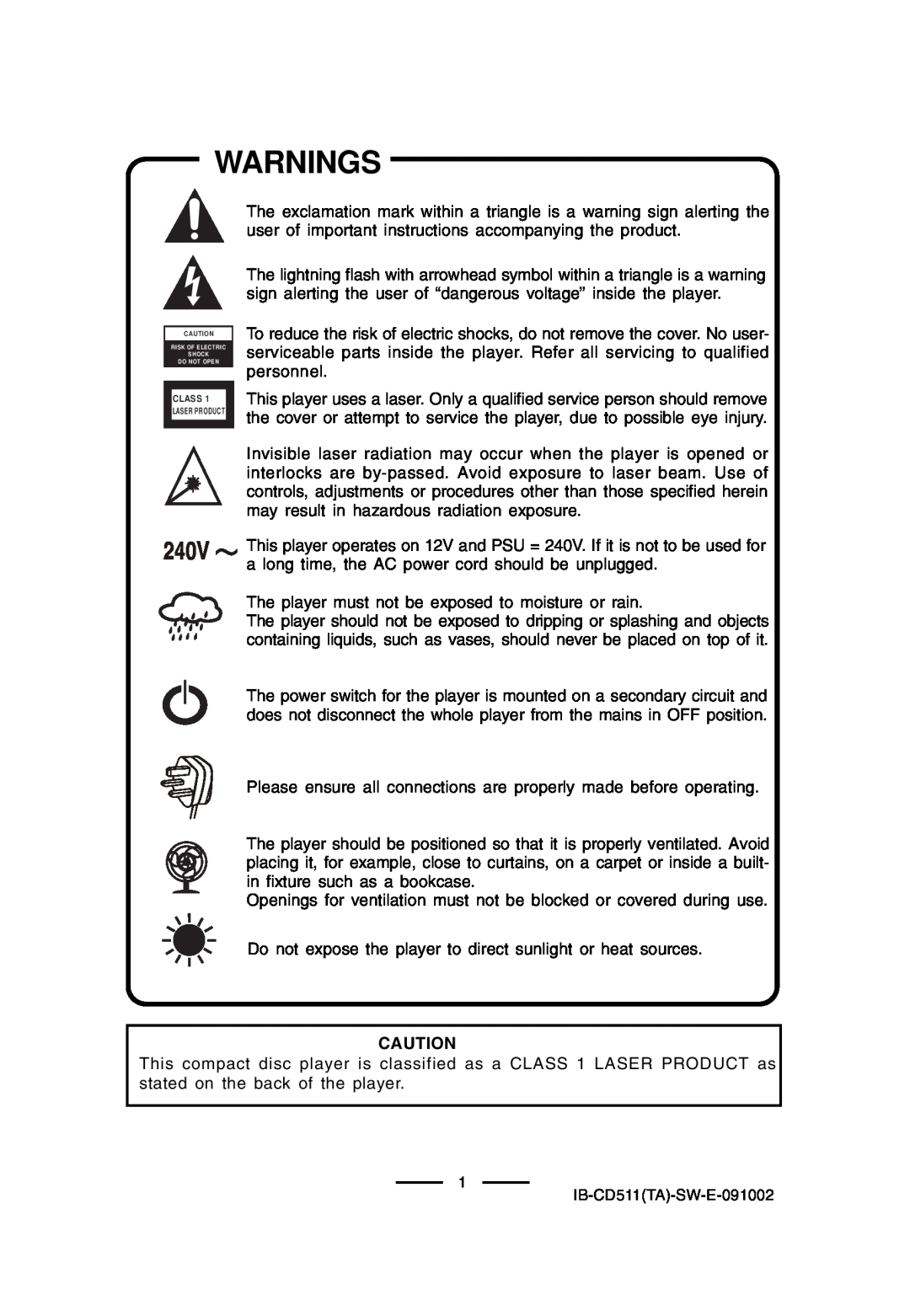 Lenoxx Electronics CD-511 manual Warnings 