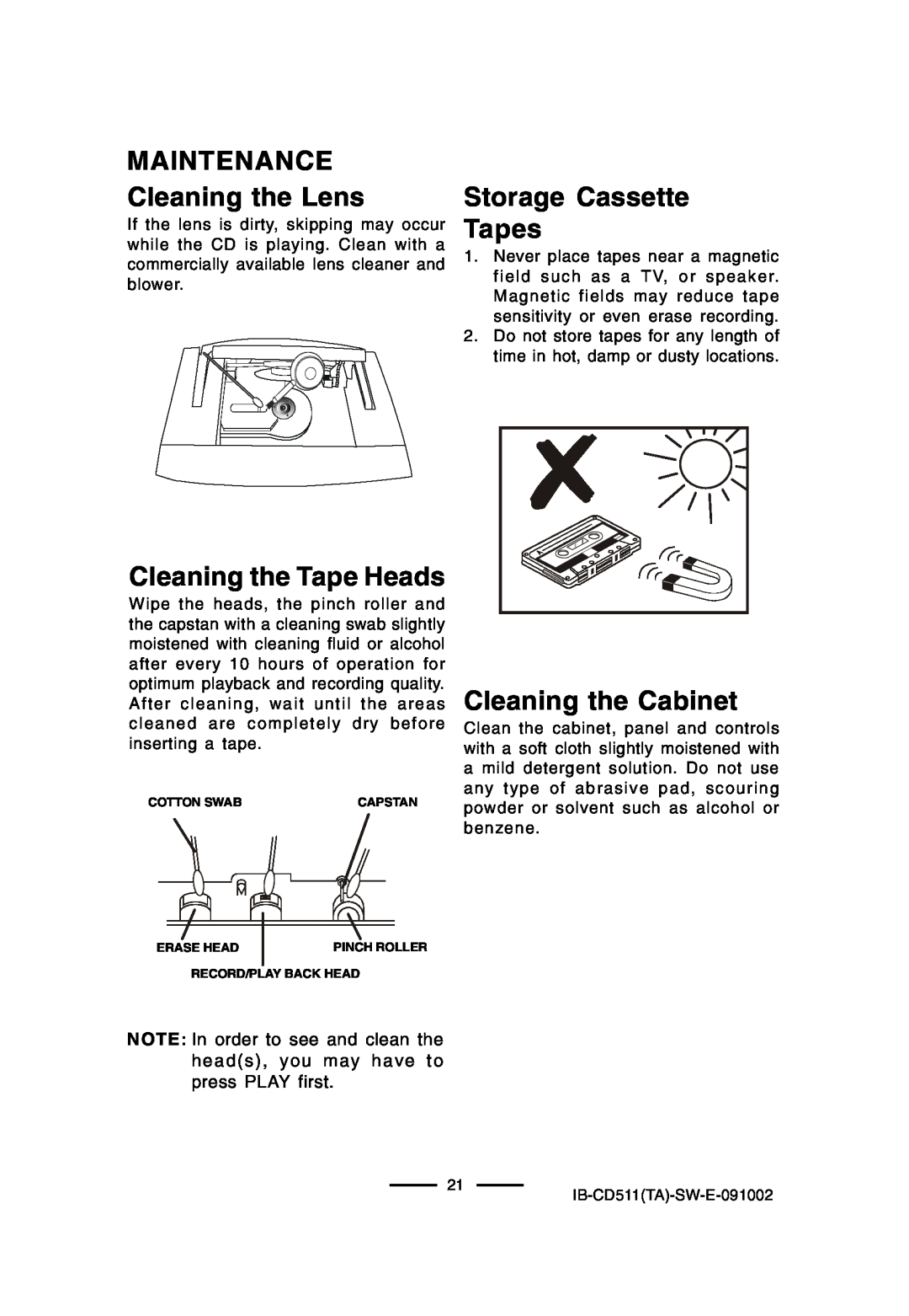 Lenoxx Electronics CD-511 manual MAINTENANCE Cleaning the Lens, Cleaning the Tape Heads, Storage Cassette Tapes 