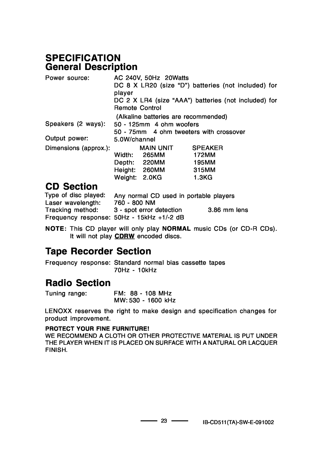 Lenoxx Electronics CD-511 manual SPECIFICATION General Description, CD Section, Tape Recorder Section, Radio Section 