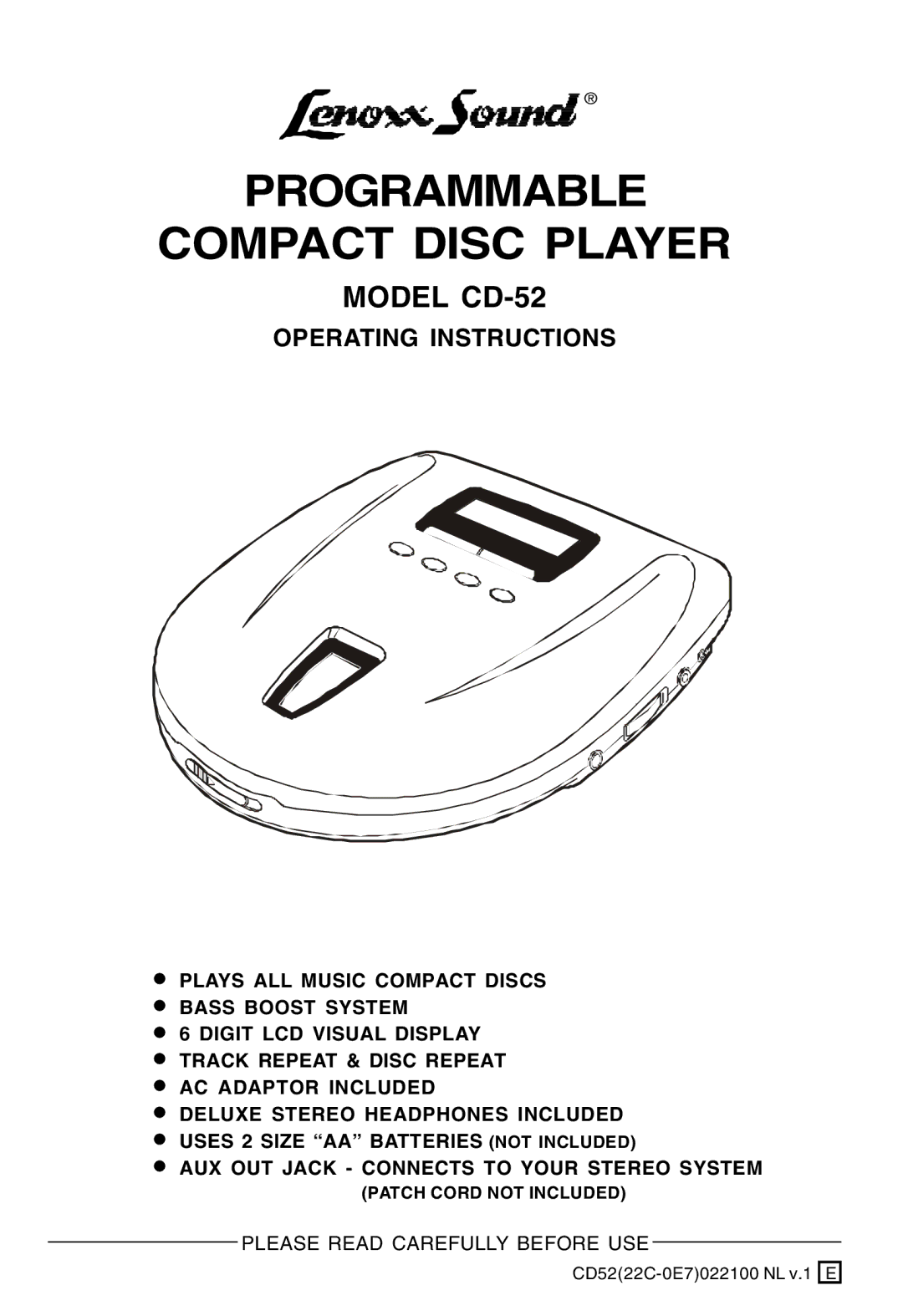 Lenoxx Electronics CD-52 manual Programmable Compact Disc Player 