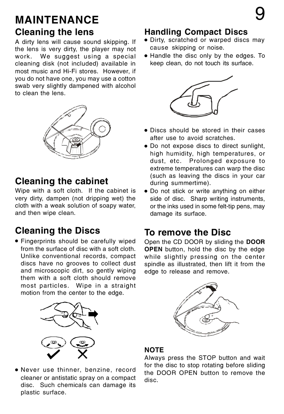 Lenoxx Electronics CD-52 Maintenance, Cleaning the lens, Cleaning the cabinet, Cleaning the Discs, To remove the Disc 