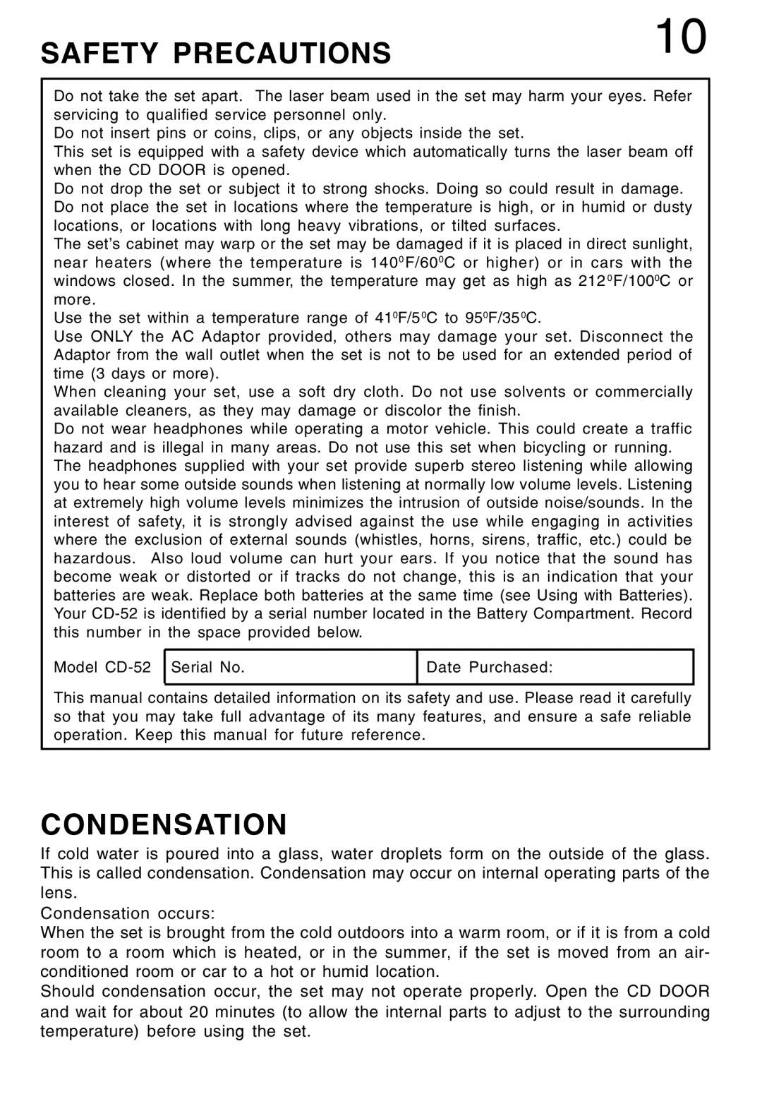 Lenoxx Electronics CD-52 manual Safety Precautions, Condensation 