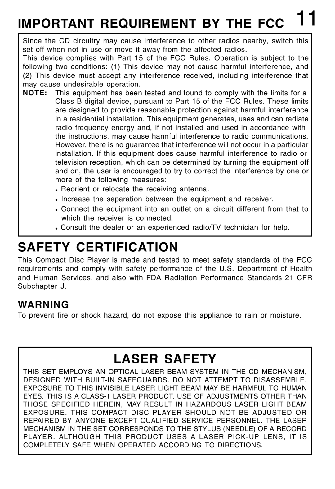 Lenoxx Electronics CD-52 manual Important Requirement by the FCC, Safety Certification, Laser Safety 