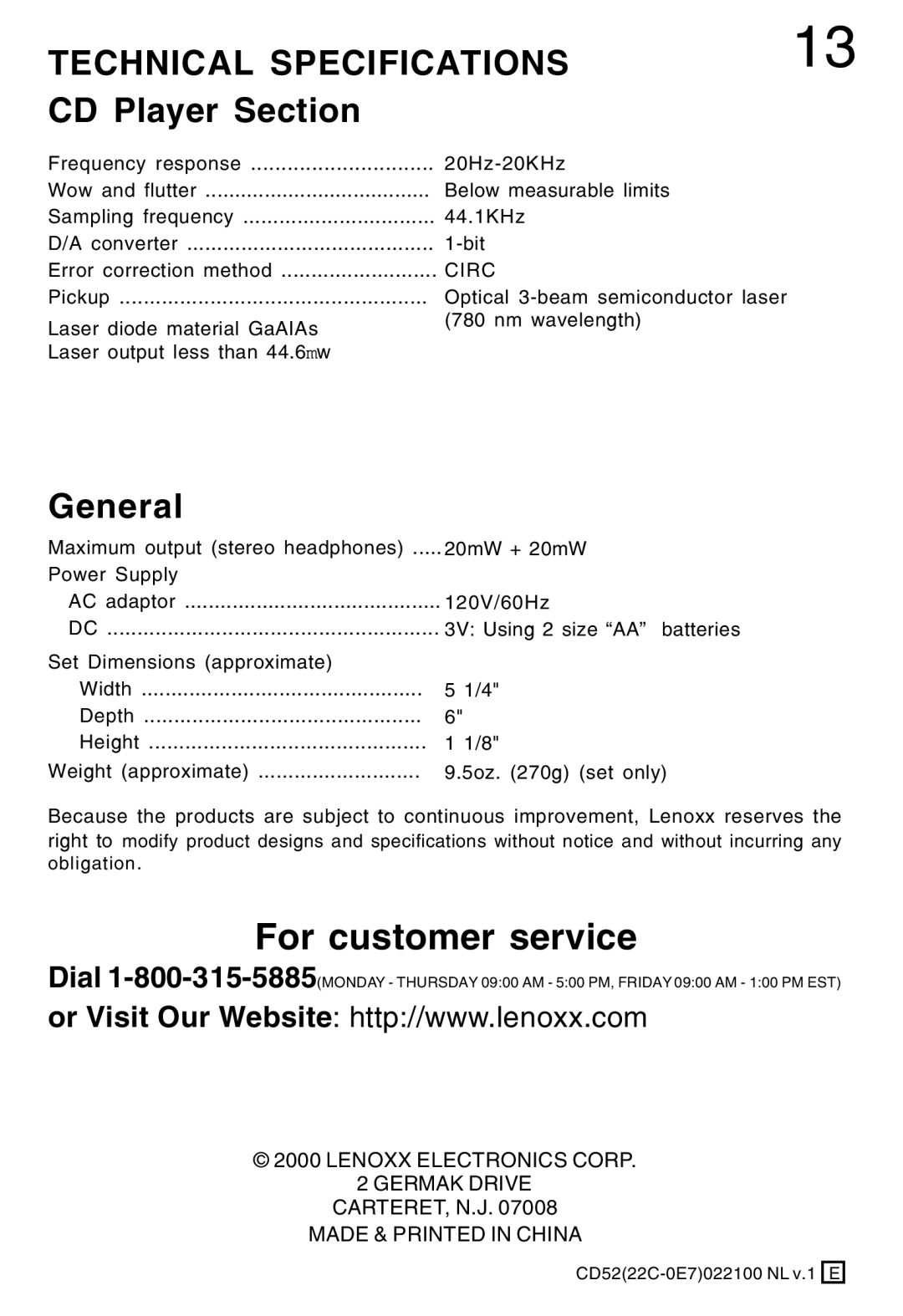 Lenoxx Electronics CD-52 manual Technical Specifications, CD Player Section, General 