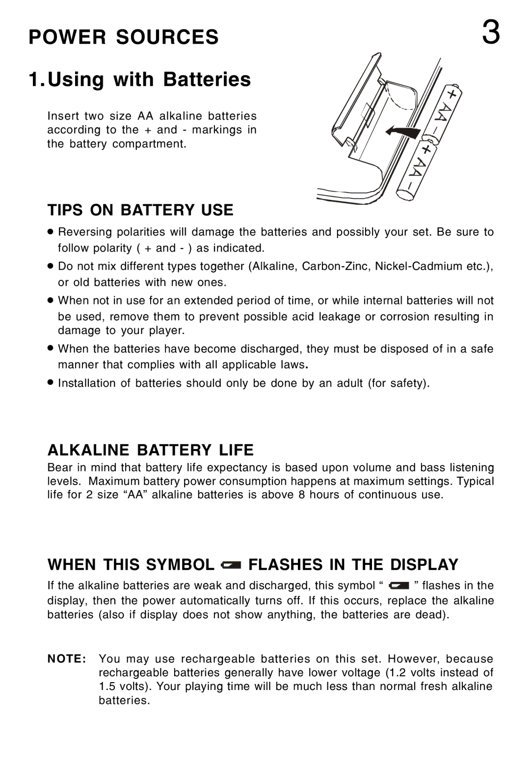 Lenoxx Electronics CD-52 manual Power Sources, Using with Batteries 