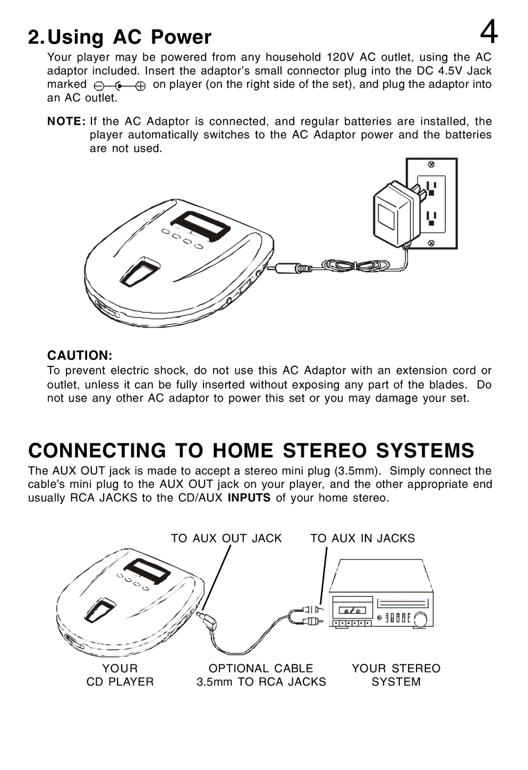 Lenoxx Electronics CD-52 manual Using AC Power, Connecting to Home Stereo Systems 