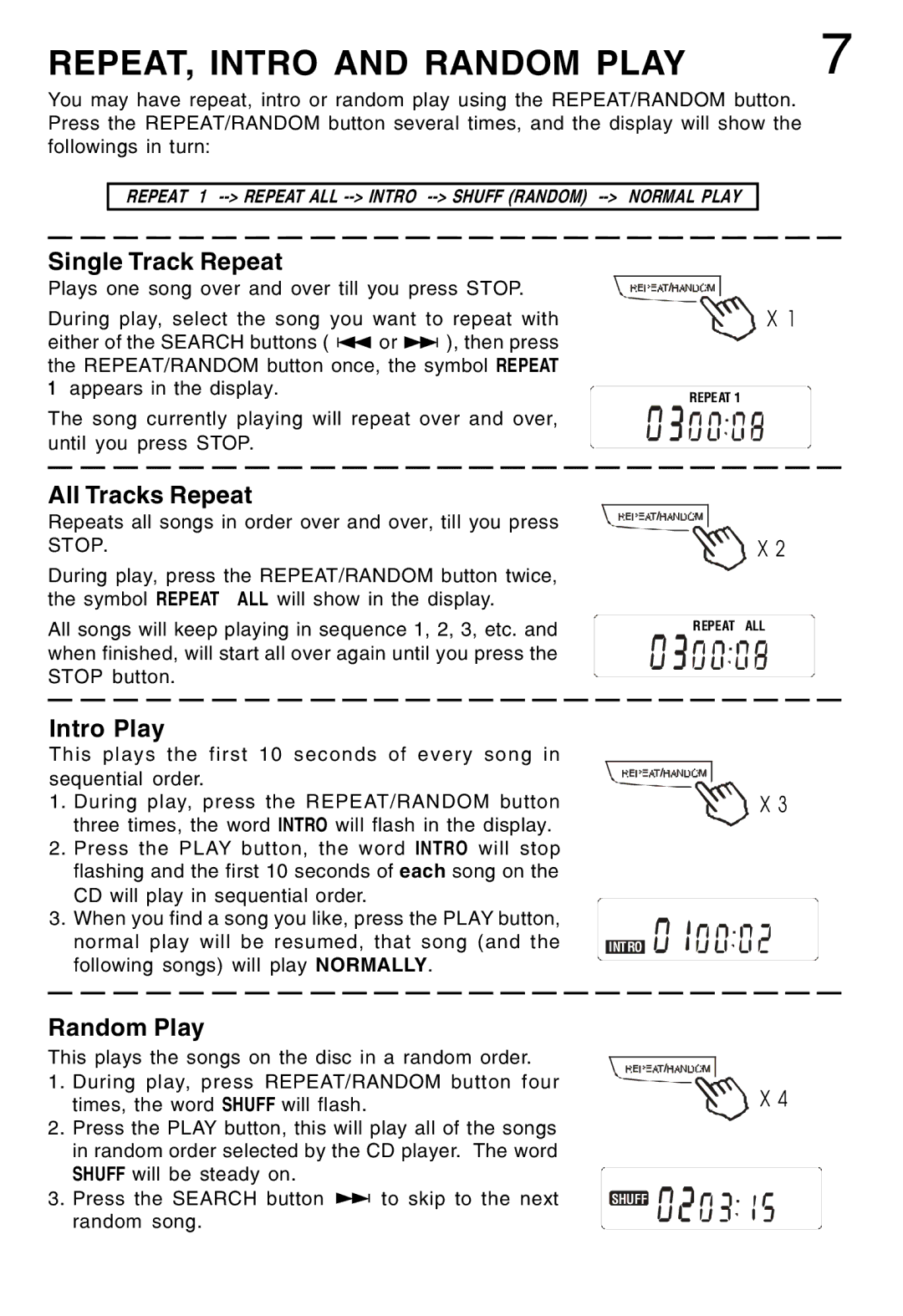 Lenoxx Electronics CD-52 manual REPEAT, Intro and Random Play, Single Track Repeat 