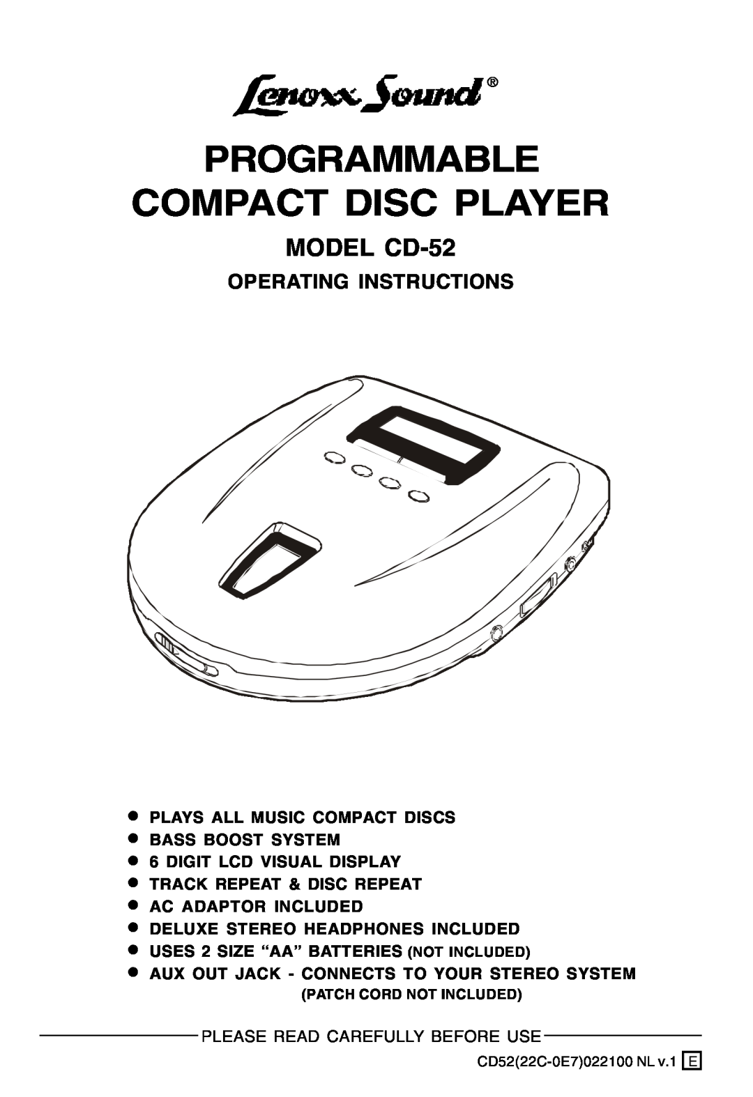 Lenoxx Electronics manual MODEL CD-52, Operating Instructions, Programmable Compact Disc Player 