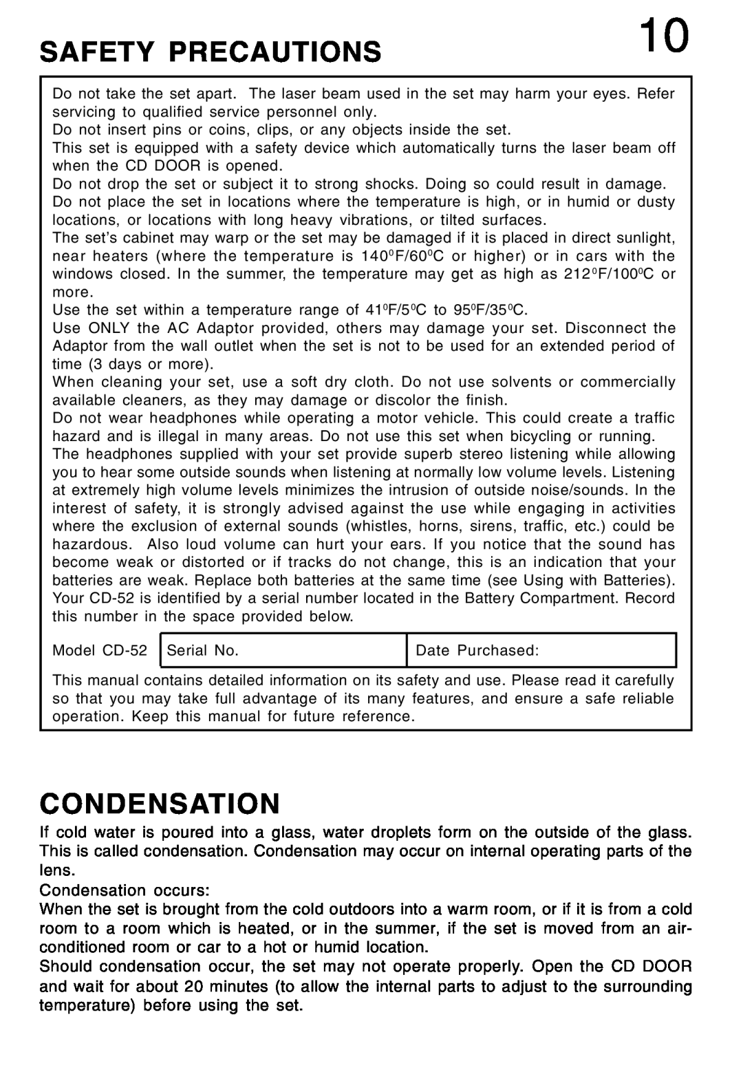 Lenoxx Electronics CD-52 manual Safety Precautions, Condensation 
