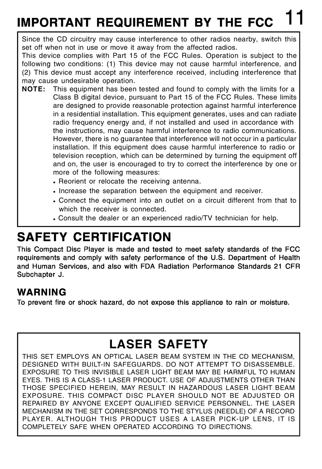 Lenoxx Electronics CD-52 manual Important Requirement By The Fcc, Safety Certification, Laser Safety 