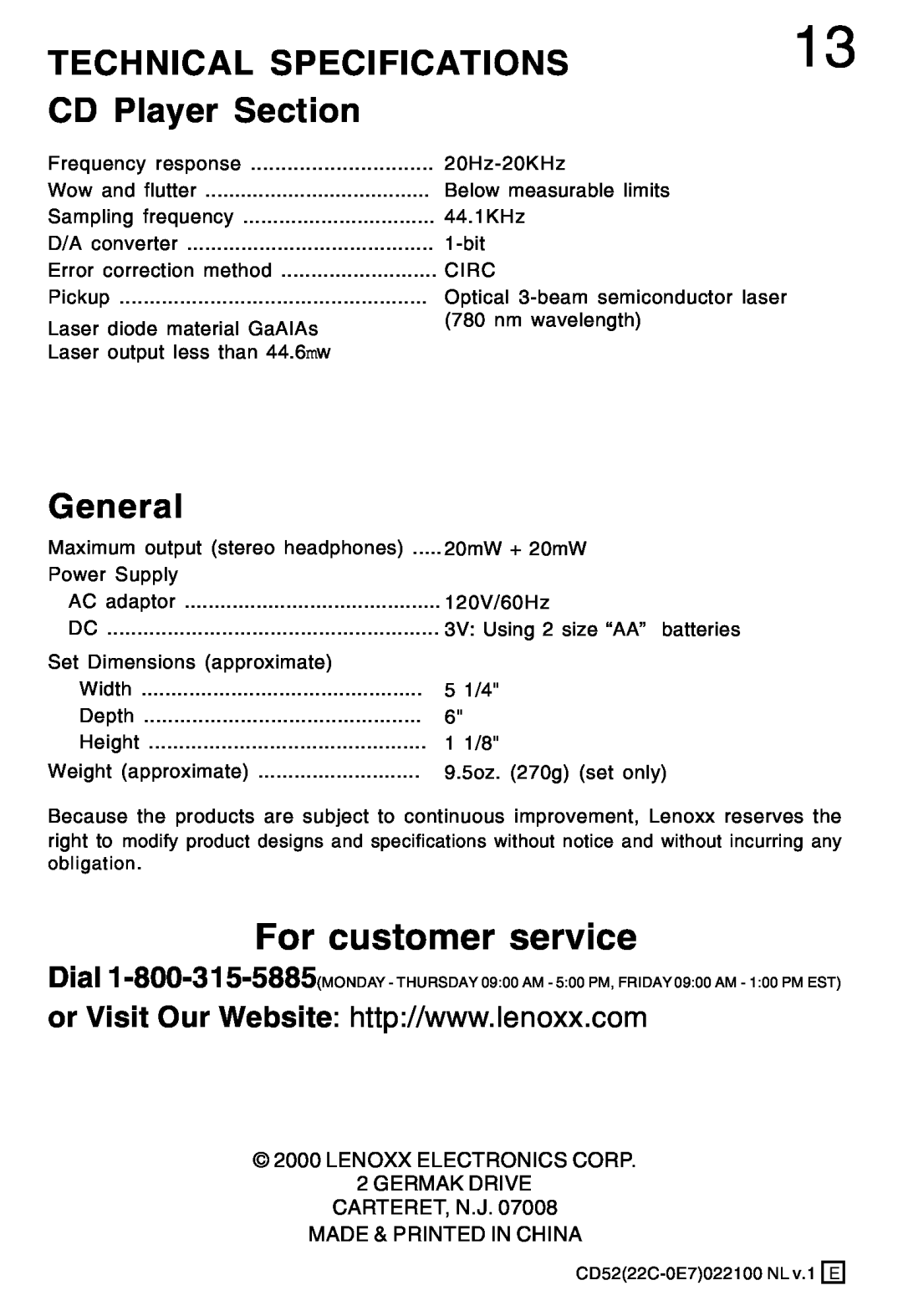 Lenoxx Electronics CD-52 manual Technical Specifications, CD Player Section, General, For customer service 