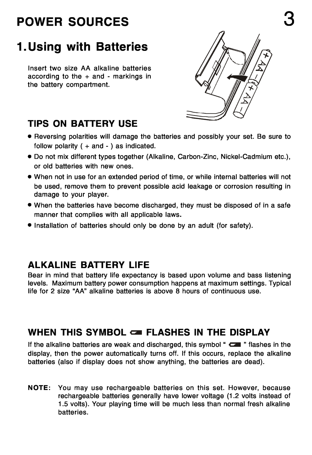 Lenoxx Electronics CD-52 manual Power Sources, Using with Batteries, Tips On Battery Use, Alkaline Battery Life 