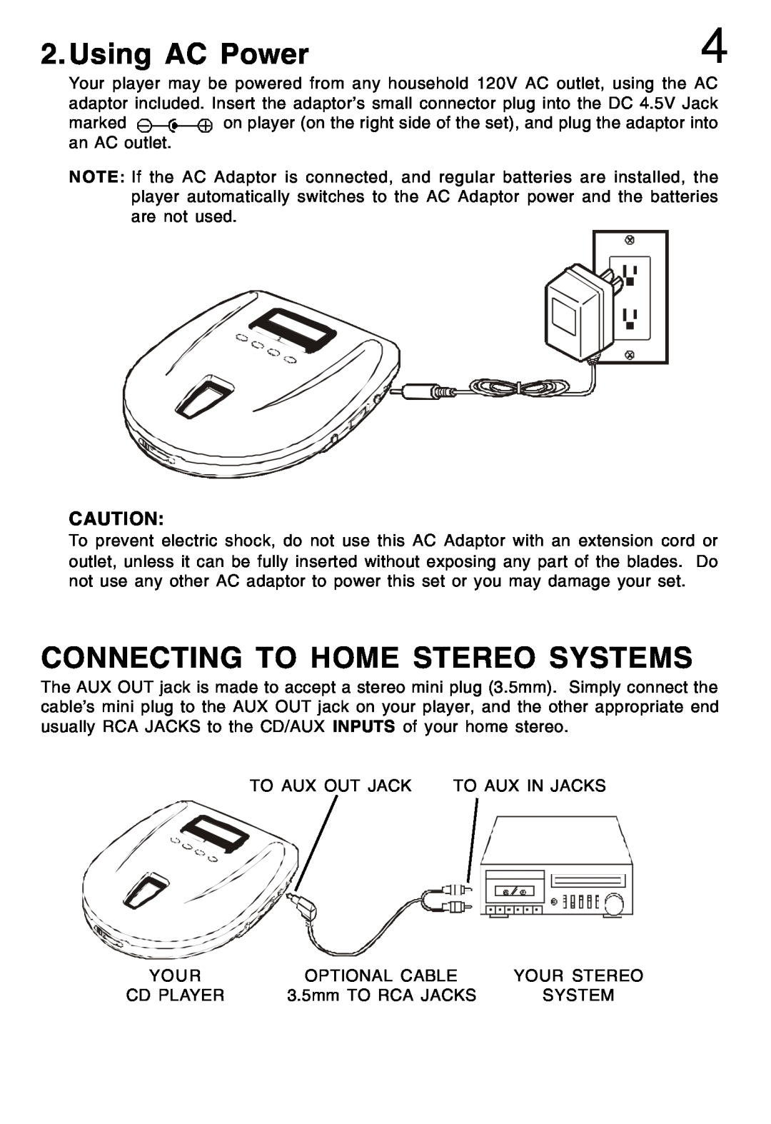 Lenoxx Electronics CD-52 manual Using AC Power, Connecting To Home Stereo Systems 