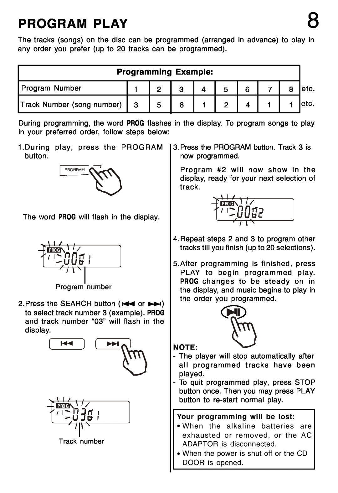 Lenoxx Electronics CD-52 manual Program Play, Programming Example 
