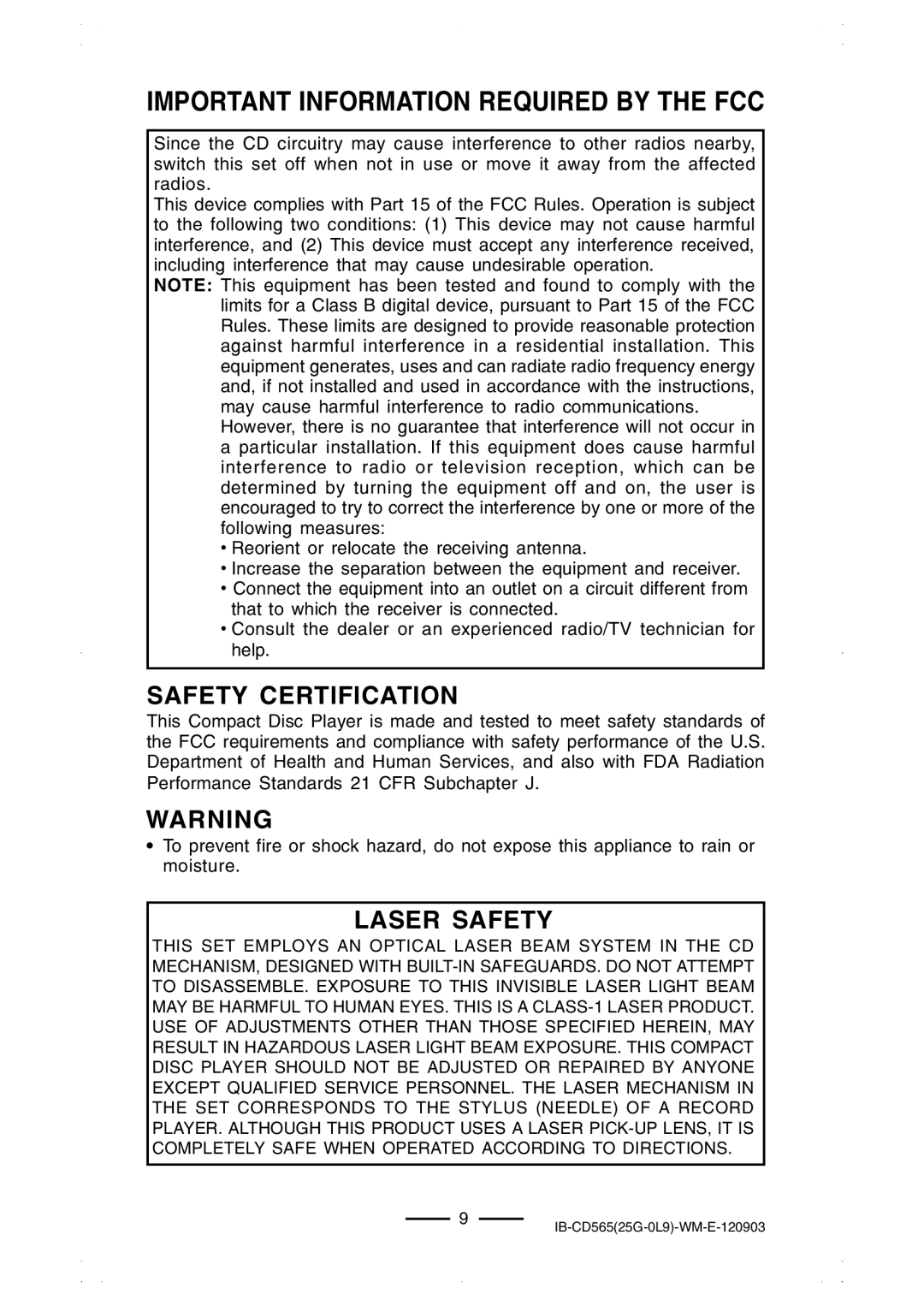 Lenoxx Electronics CD-565 operating instructions Safety Certification, Laser Safety 