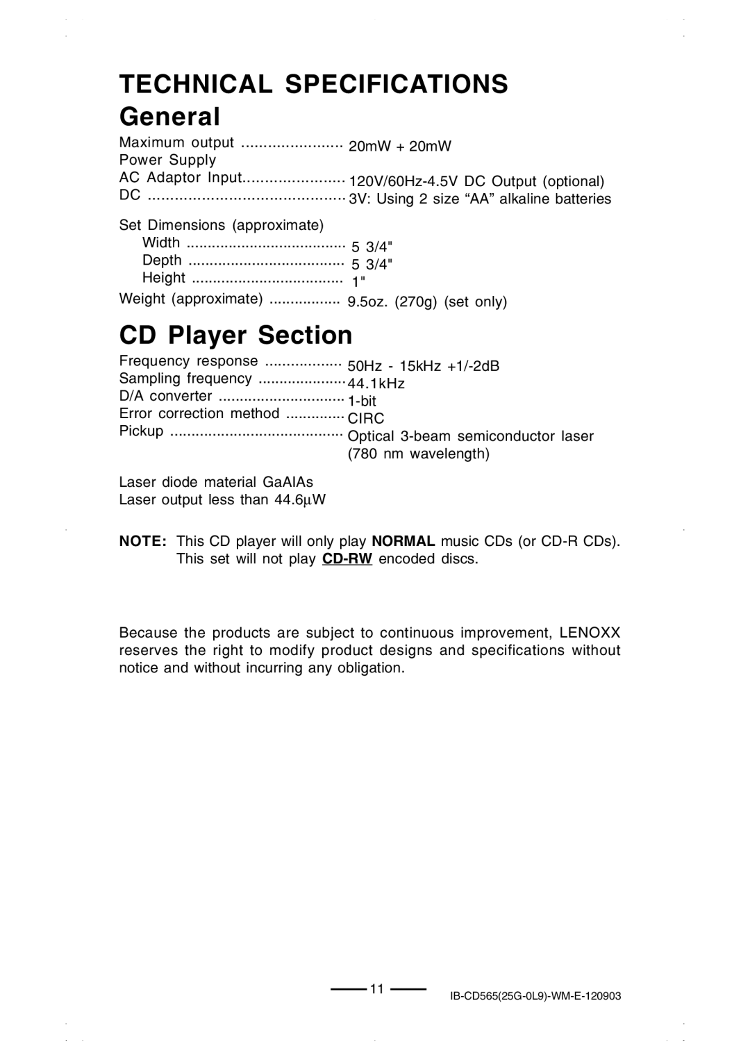 Lenoxx Electronics CD-565 operating instructions Technical Specifications General, Circ 