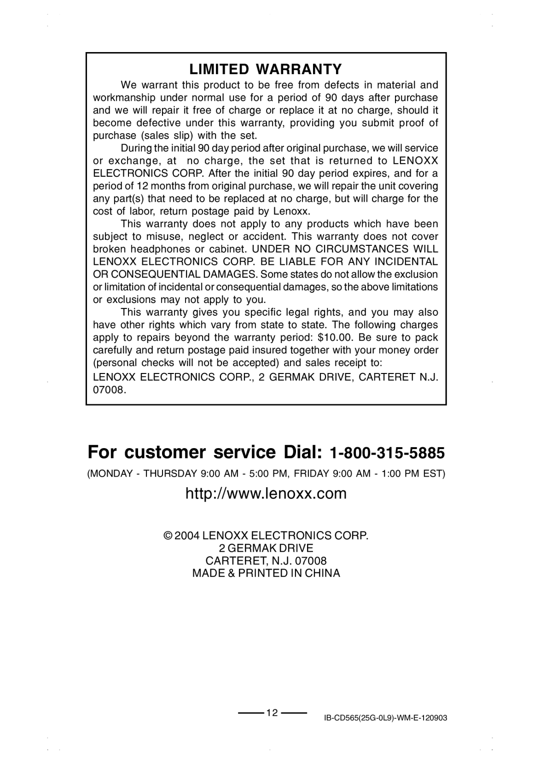 Lenoxx Electronics CD-565 operating instructions Limited Warranty, Lenoxx Electronics CORP., 2 Germak DRIVE, Carteret N.J 