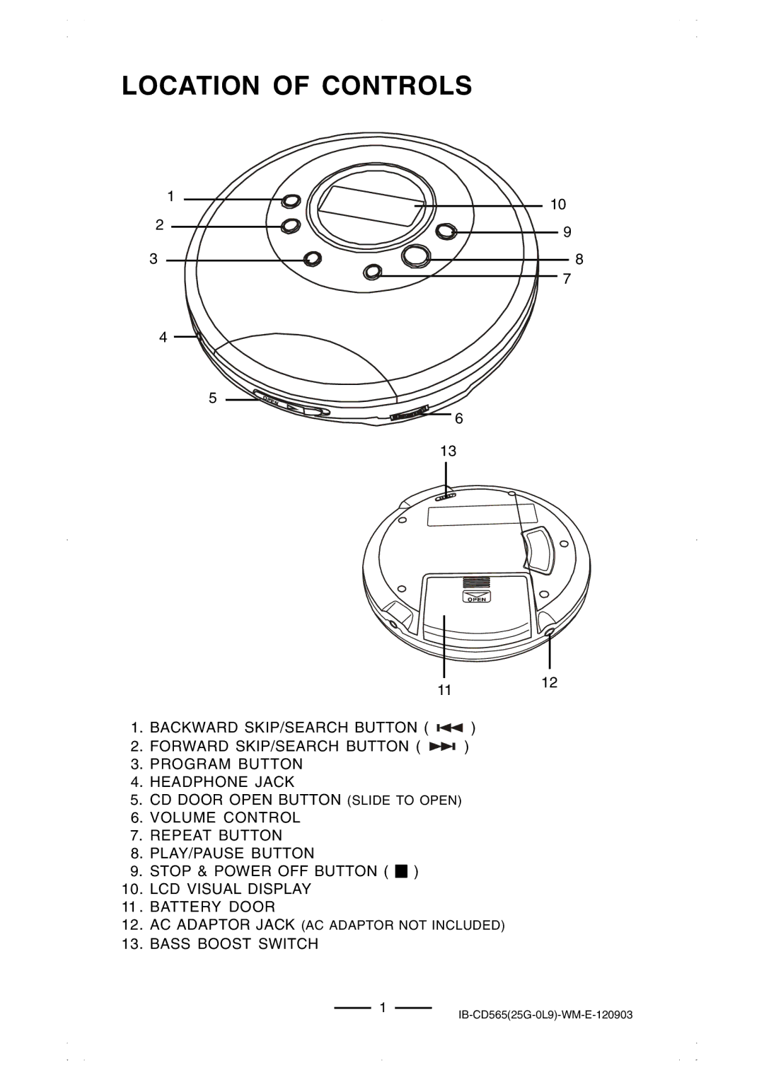 Lenoxx Electronics CD-565 operating instructions Location of Controls, Bass Boost Switch 