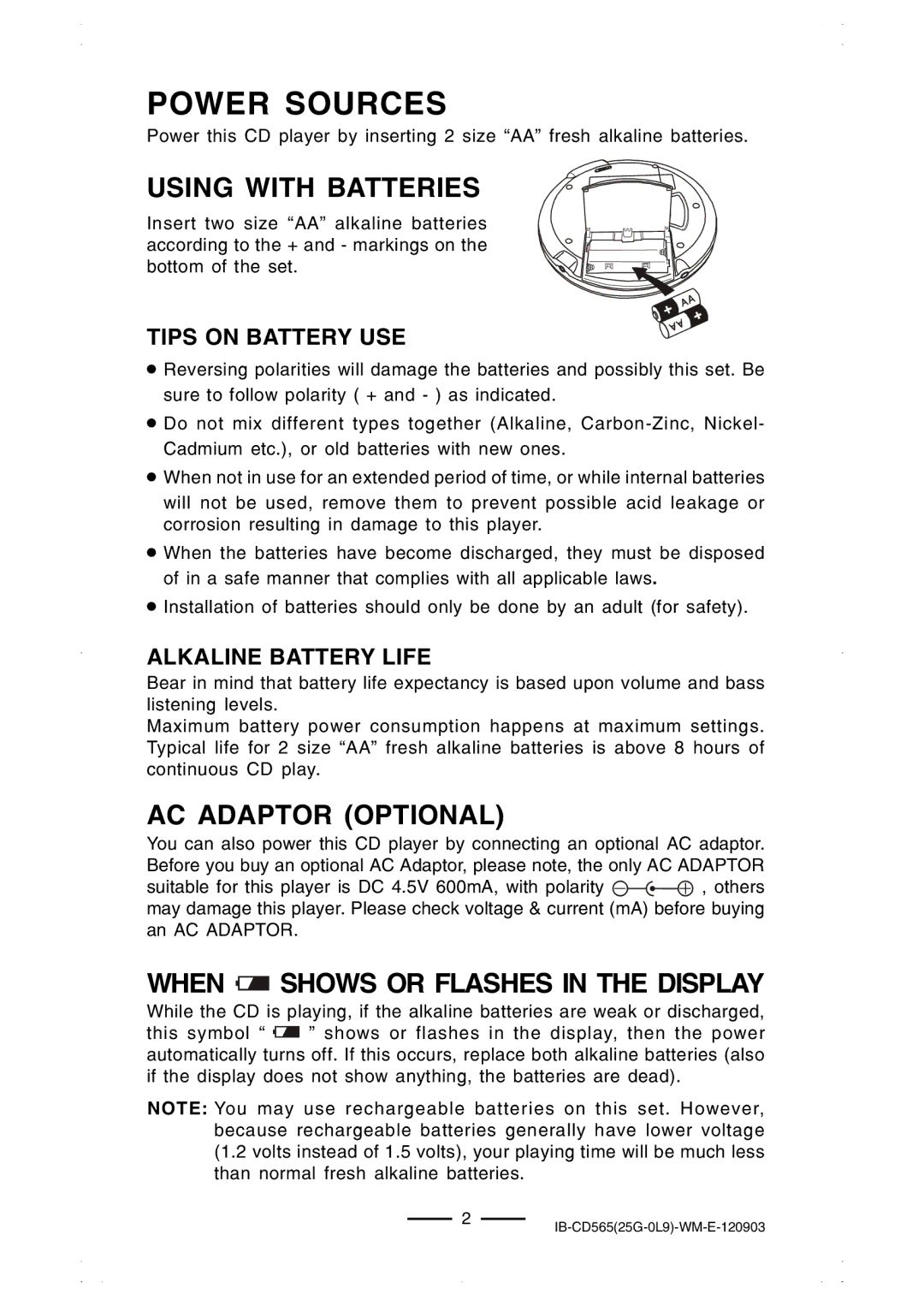 Lenoxx Electronics CD-565 operating instructions Power Sources, Using with Batteries 