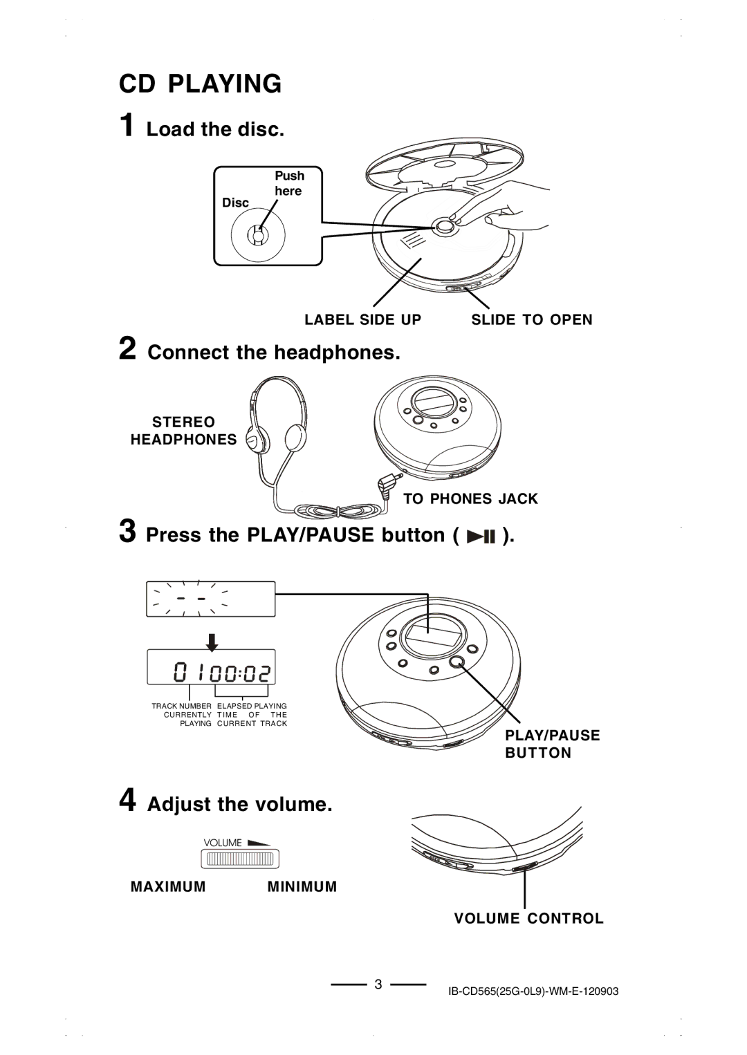 Lenoxx Electronics CD-565 operating instructions CD Playing, Label Side UP Slide to Open, Stereo Headphones To Phones Jack 