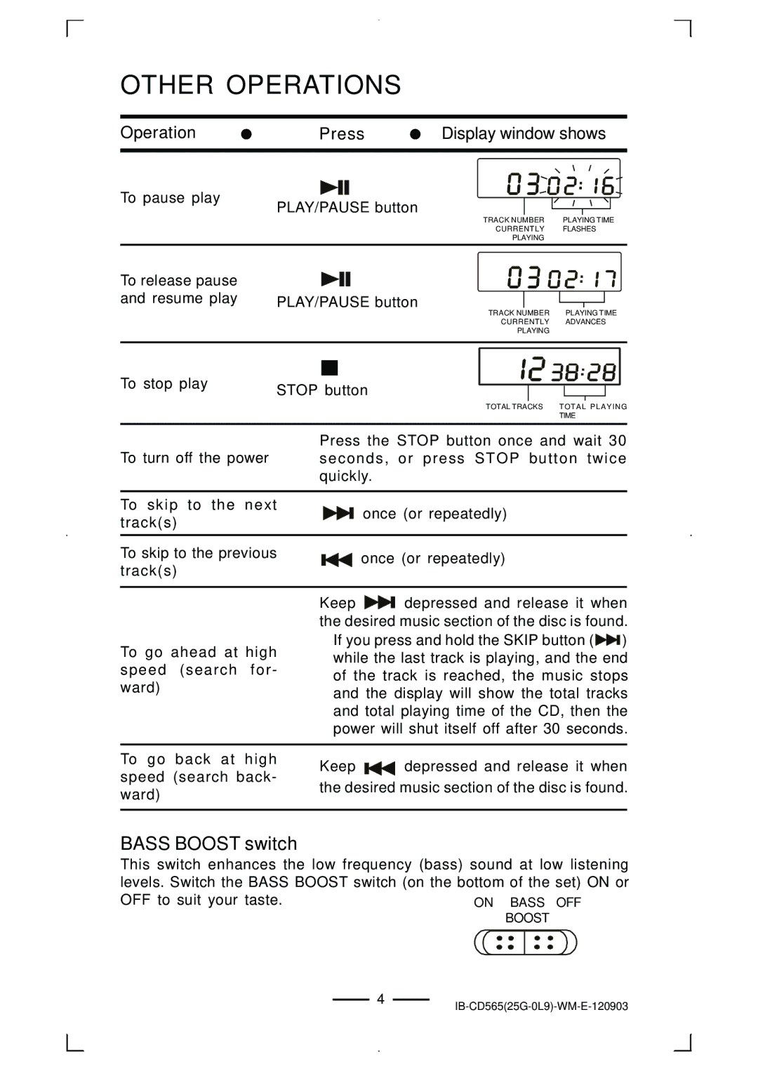 Lenoxx Electronics CD-565 operating instructions Other Operations, Operation Press Display window shows 