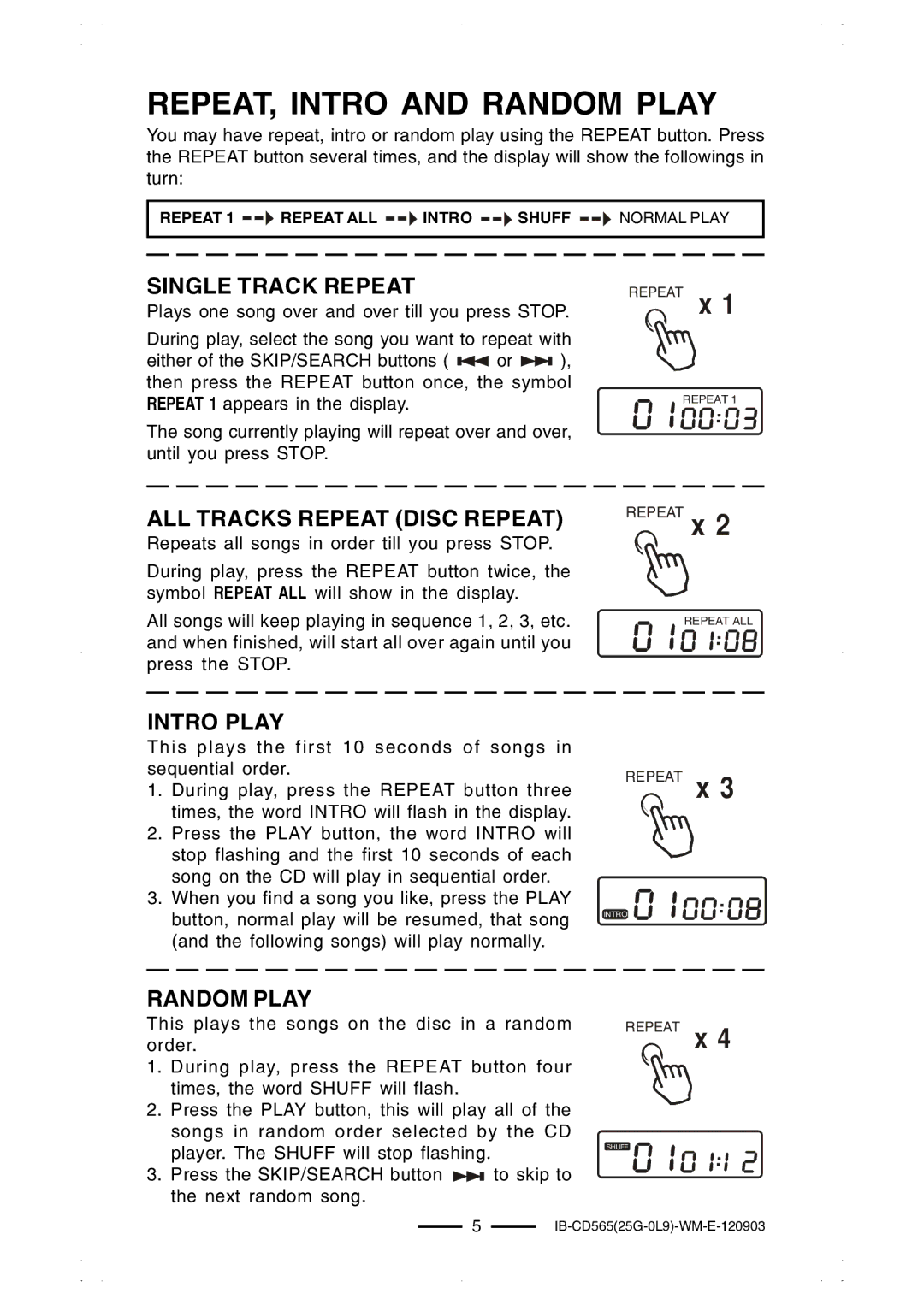 Lenoxx Electronics CD-565 operating instructions REPEAT, Intro and Random Play, Single Track Repeat 