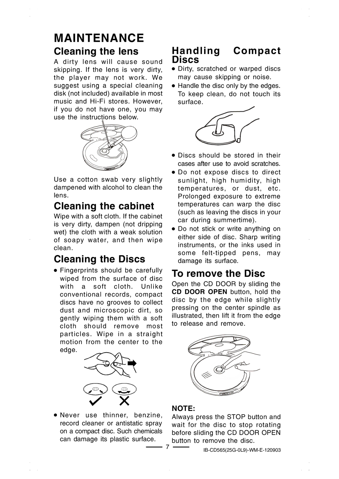 Lenoxx Electronics CD-565 operating instructions Maintenance, Cleaning the lens 