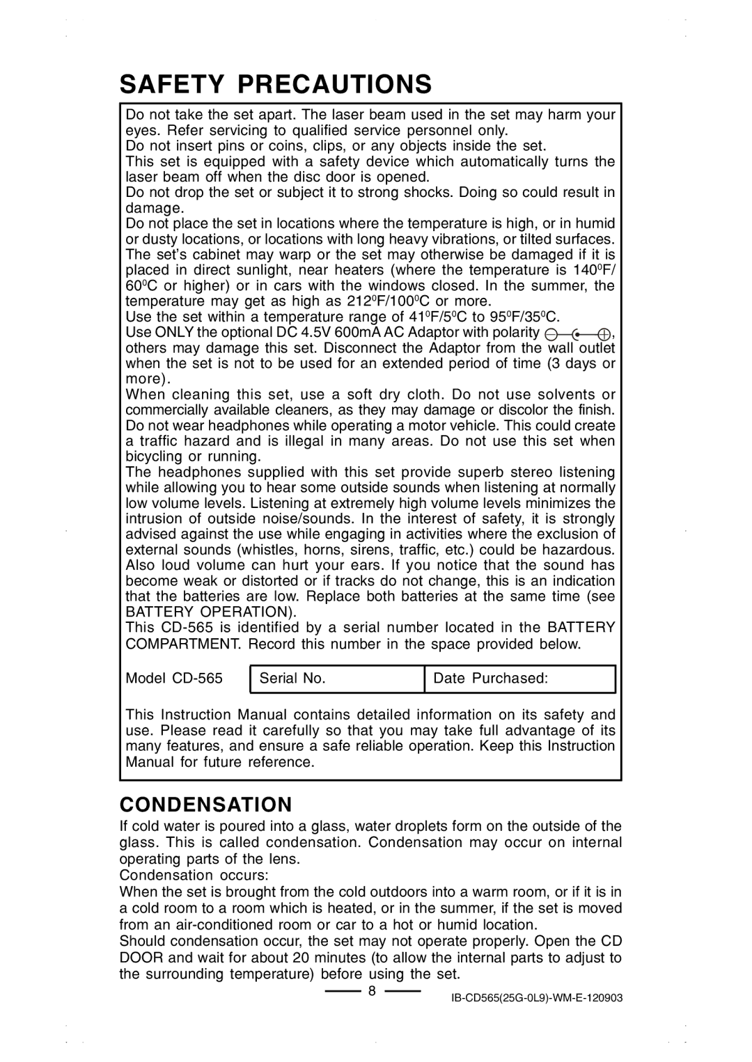 Lenoxx Electronics CD-565 operating instructions Safety Precautions, Condensation, Battery Operation 