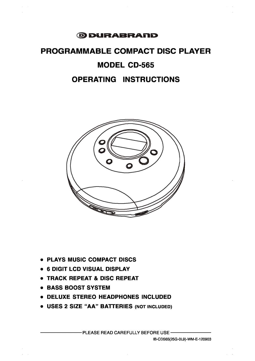 Lenoxx Electronics operating instructions PROGRAMMABLE COMPACT DISC PLAYER MODEL CD-565, Operating Instructions 