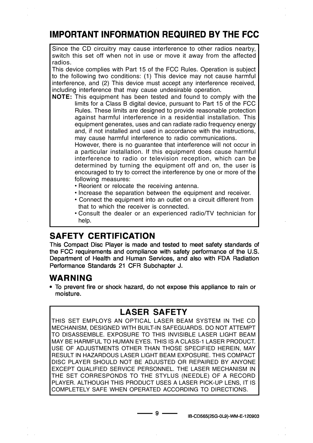 Lenoxx Electronics CD-565 Important Information Required By The Fcc, Safety Certification, Laser Safety 