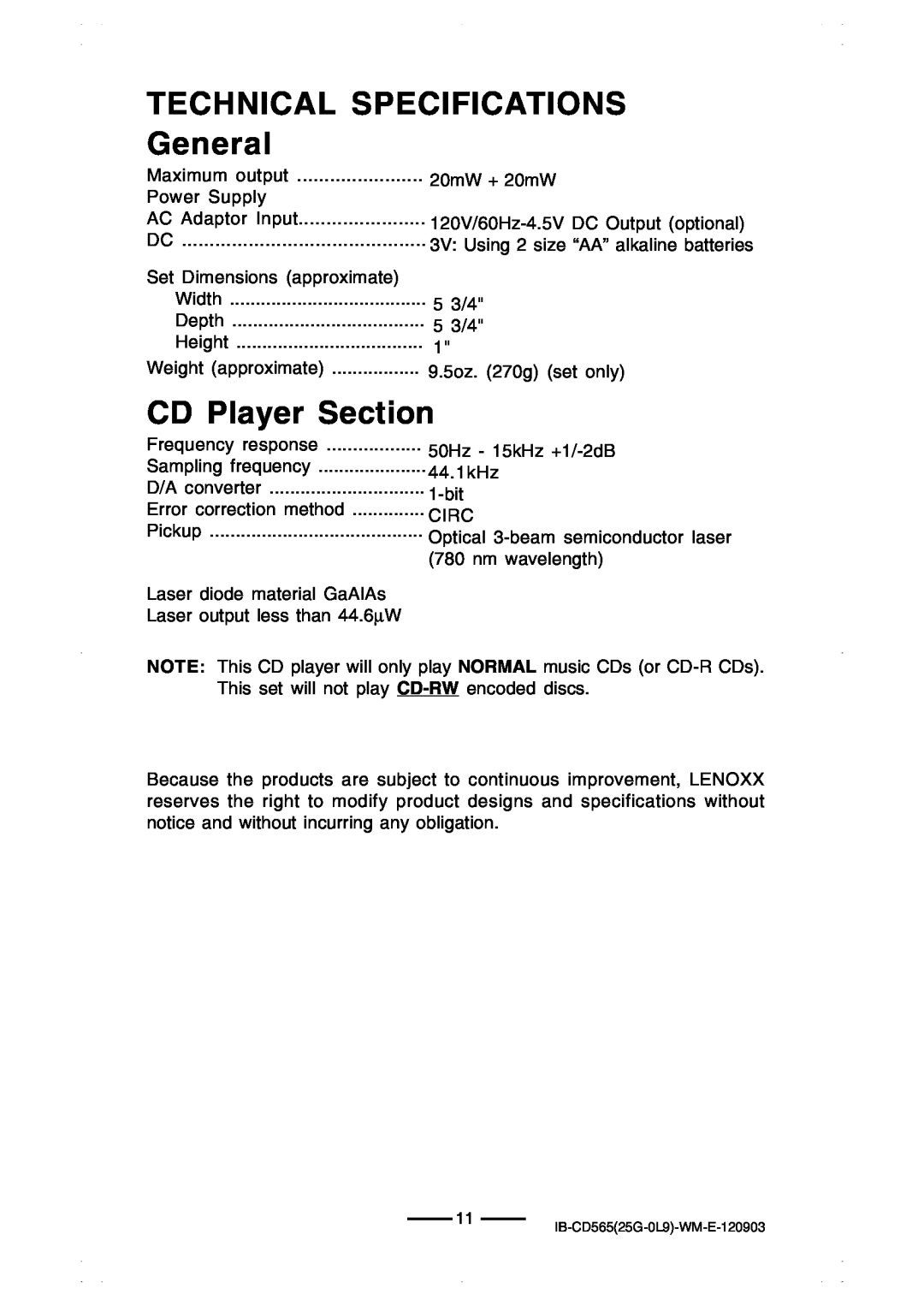 Lenoxx Electronics CD-565 operating instructions TECHNICAL SPECIFICATIONS General, CD Player Section 