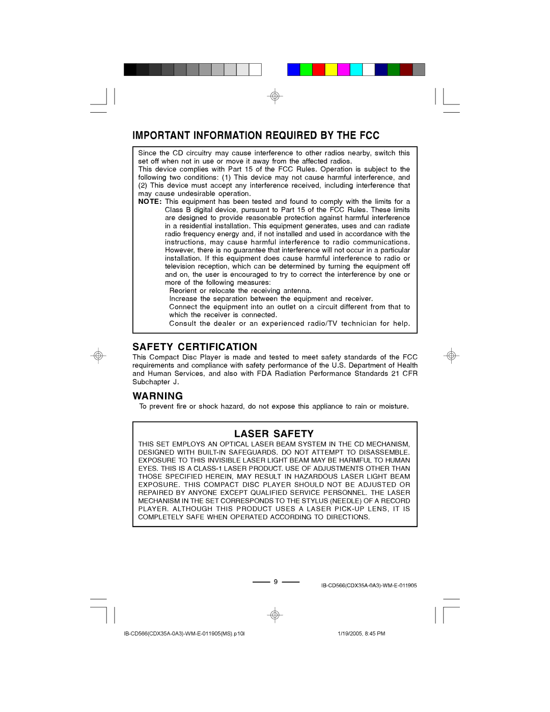 Lenoxx Electronics CD-566 manual Important Information Required by the FCC, Safety Certification, Laser Safety 