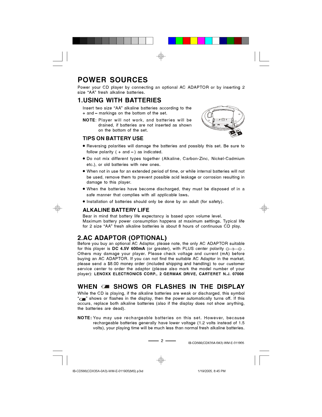 Lenoxx Electronics CD-566 Power Sources, Using with Batteries, AC Adaptor Optional, When Shows or Flashes in the Display 