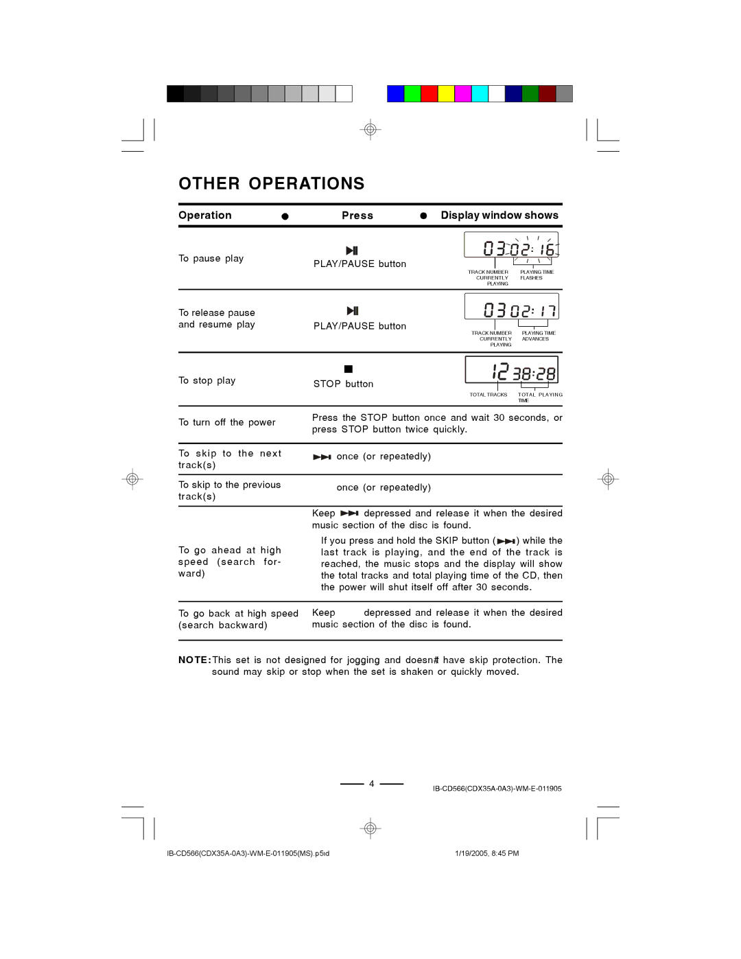 Lenoxx Electronics CD-566 manual Other Operations, Operation Press Display window shows 