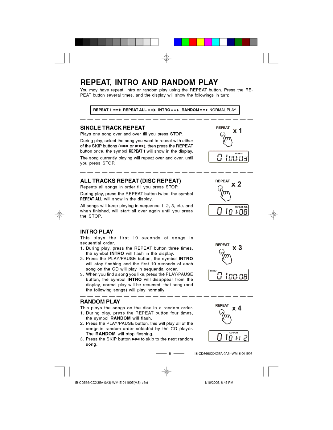 Lenoxx Electronics CD-566 manual REPEAT, Intro and Random Play, Single Track Repeat 