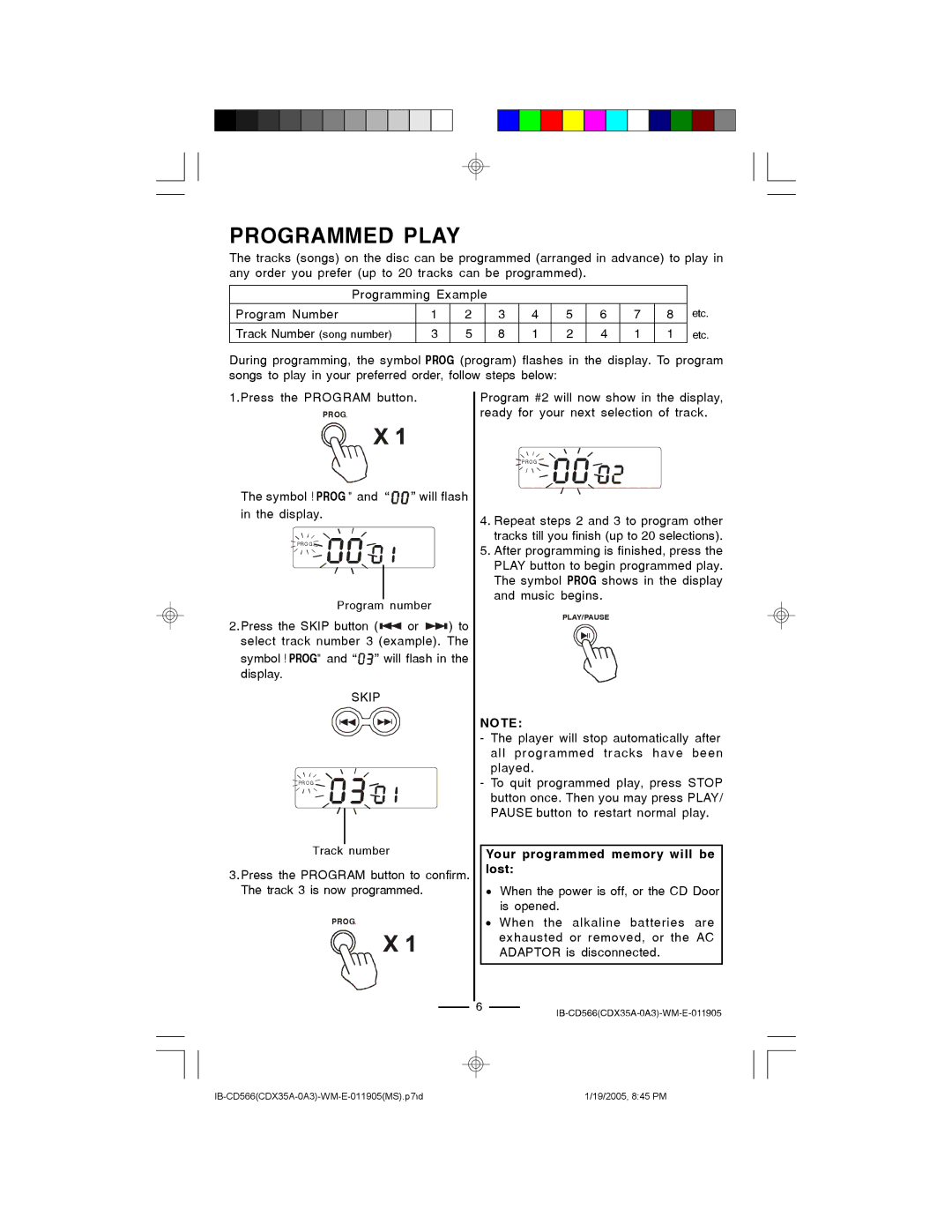 Lenoxx Electronics CD-566 manual Programmed Play, Skip 