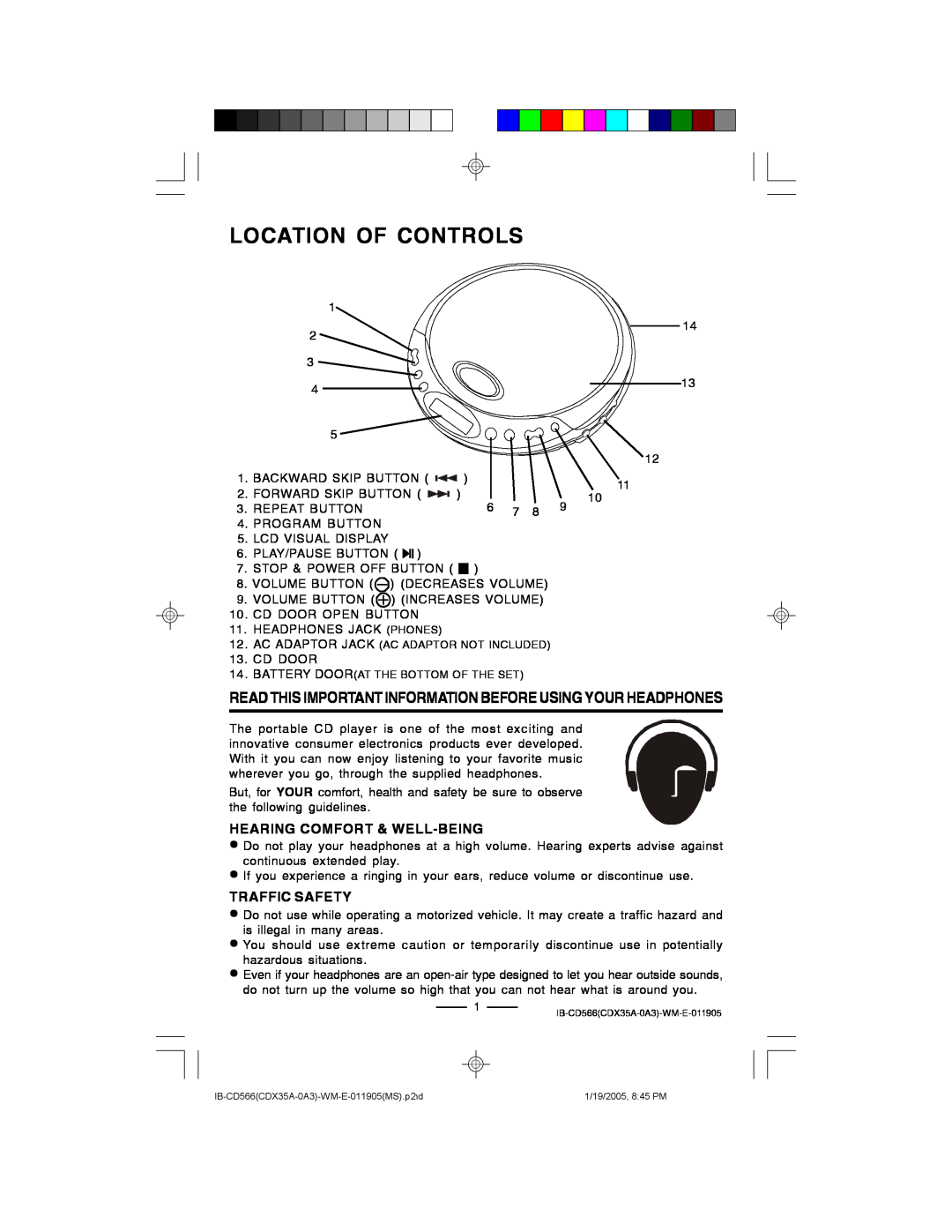 Lenoxx Electronics CD-566 manual Location Of Controls, Hearing Comfort & Well-Being, Traffic Safety 