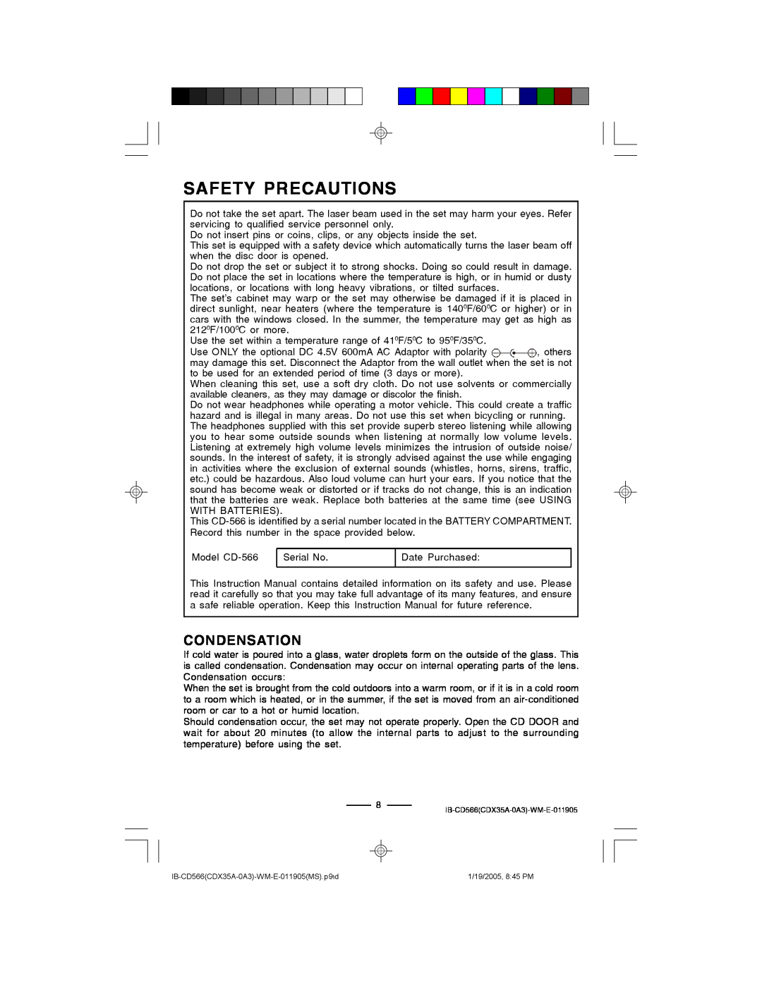 Lenoxx Electronics CD-566 manual Safety Precautions, Condensation 