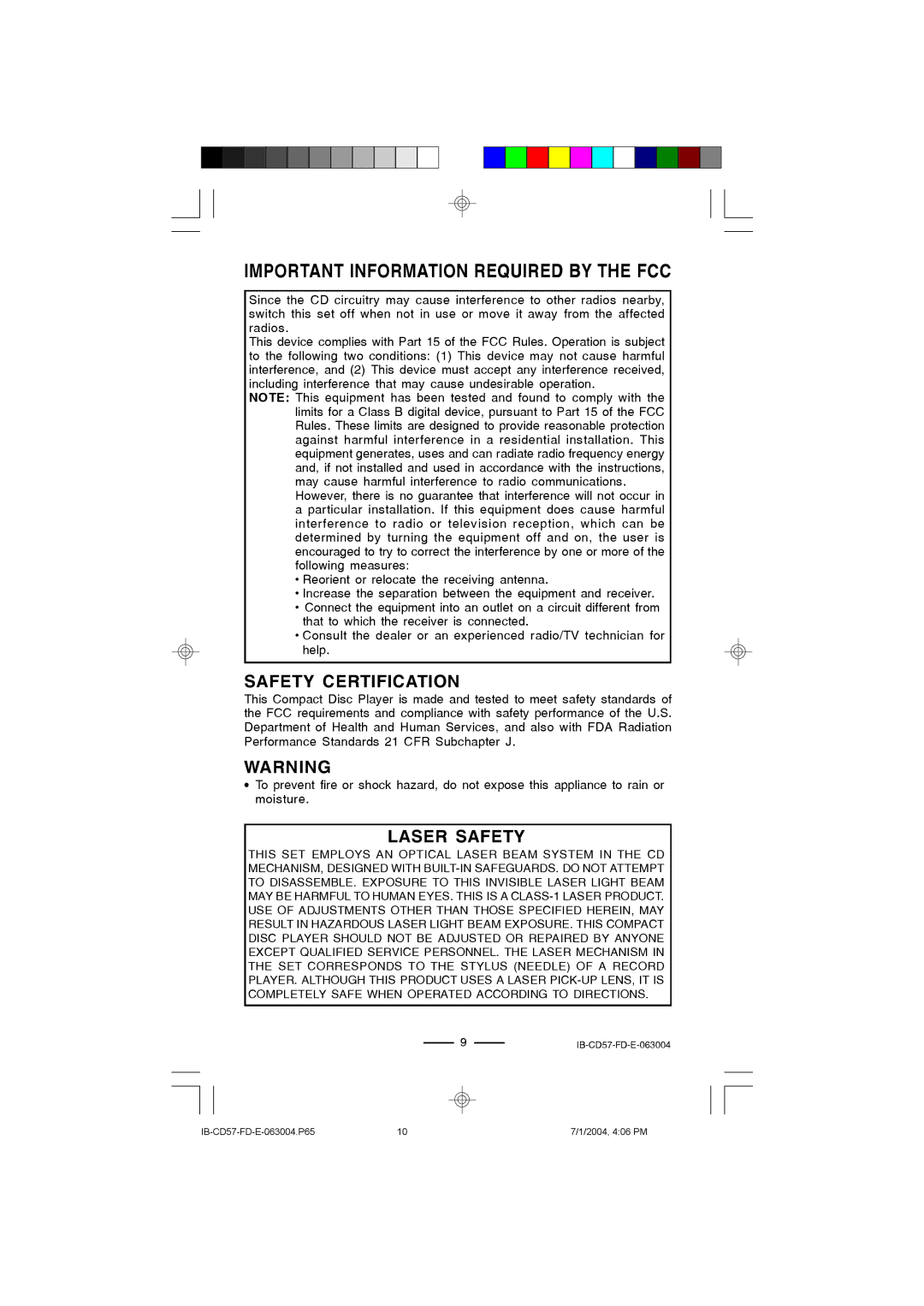 Lenoxx Electronics CD-57 operating instructions Safety Certification, Laser Safety 