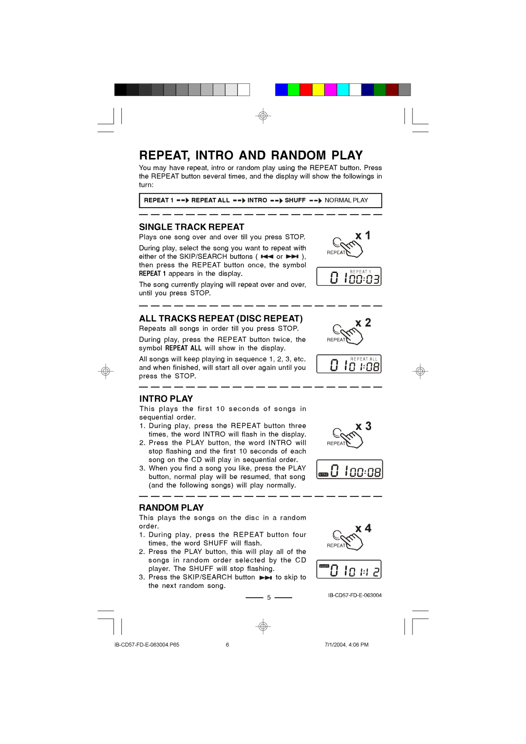 Lenoxx Electronics CD-57 operating instructions REPEAT, Intro and Random Play, Single Track Repeat 