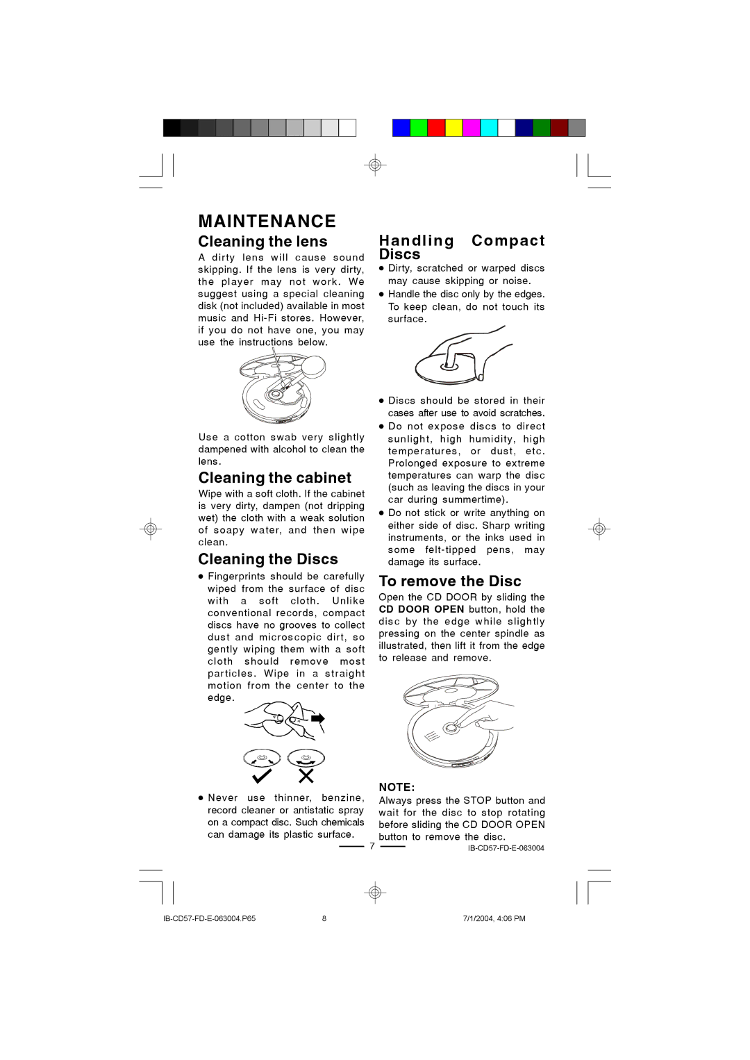 Lenoxx Electronics CD-57 operating instructions Maintenance, Cleaning the lens 