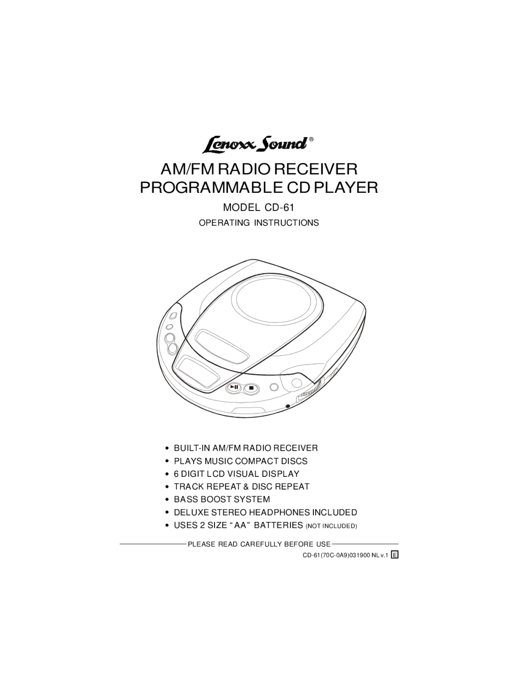 Lenoxx Electronics CD-61 operating instructions AM/FM Radio Receiver Programmable CD Player 