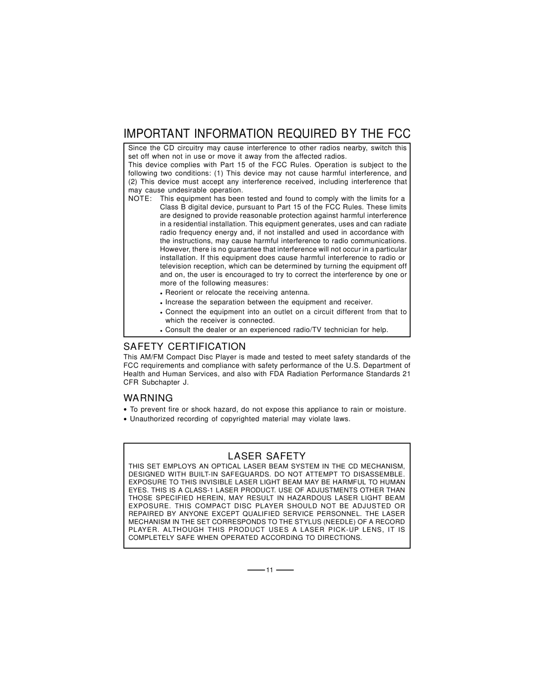 Lenoxx Electronics CD-61 Important Information Required by the FCC, Safety Certification, Laser Safety 