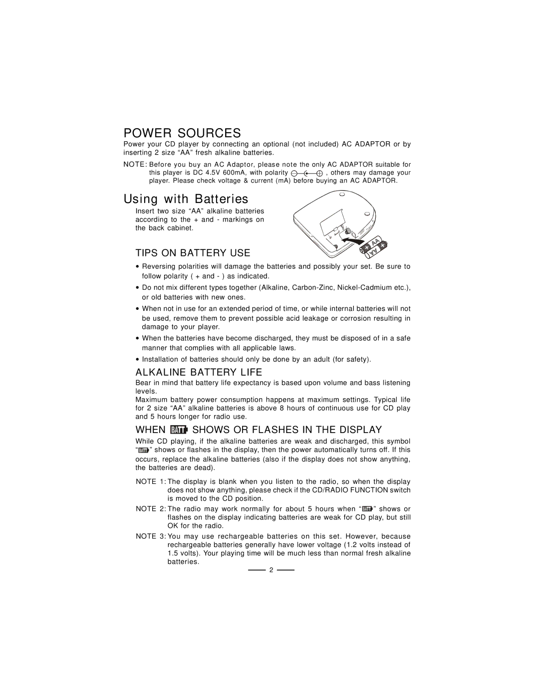 Lenoxx Electronics CD-61 Power Sources, Tips on Battery USE, Alkaline Battery Life, When Shows or Flashes in the Display 