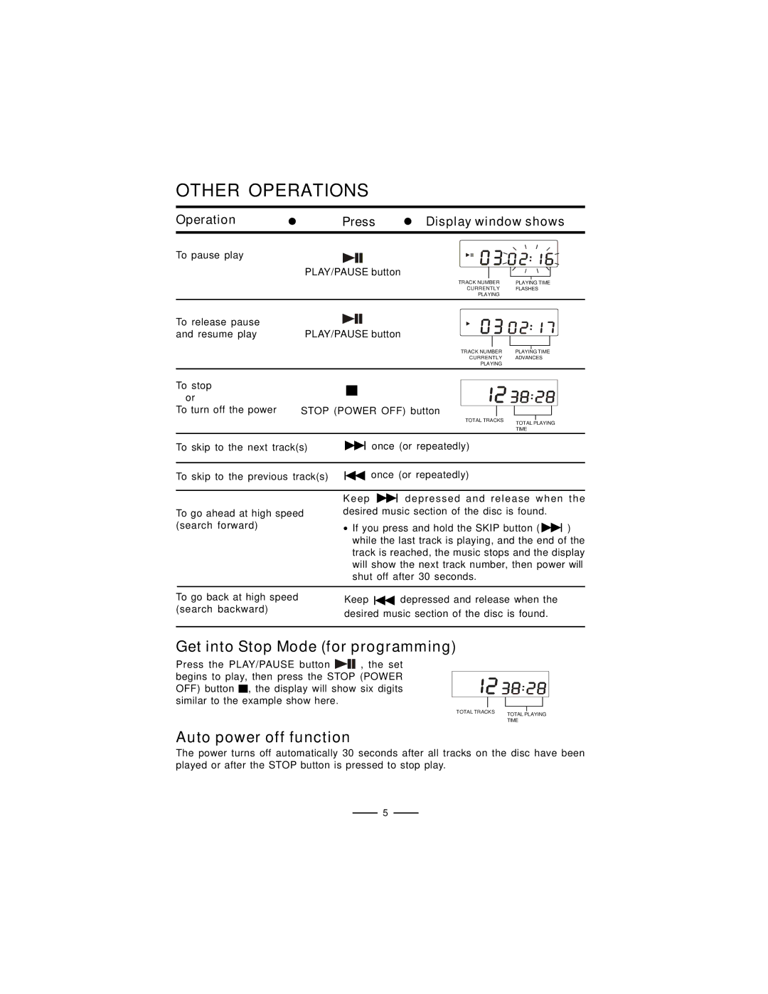 Lenoxx Electronics CD-61 Other Operations, Get into Stop Mode for programming, Auto power off function 